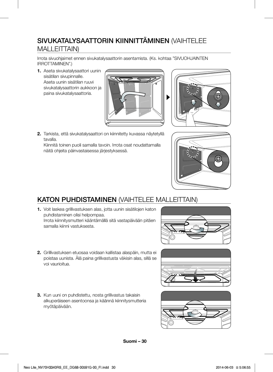 Samsung NV70H3340RS/EE Sivukatalysaattorin Kiinnittäminen Vaihtelee Malleittain, Katon Puhdistaminen Vaihtelee Malleittain 