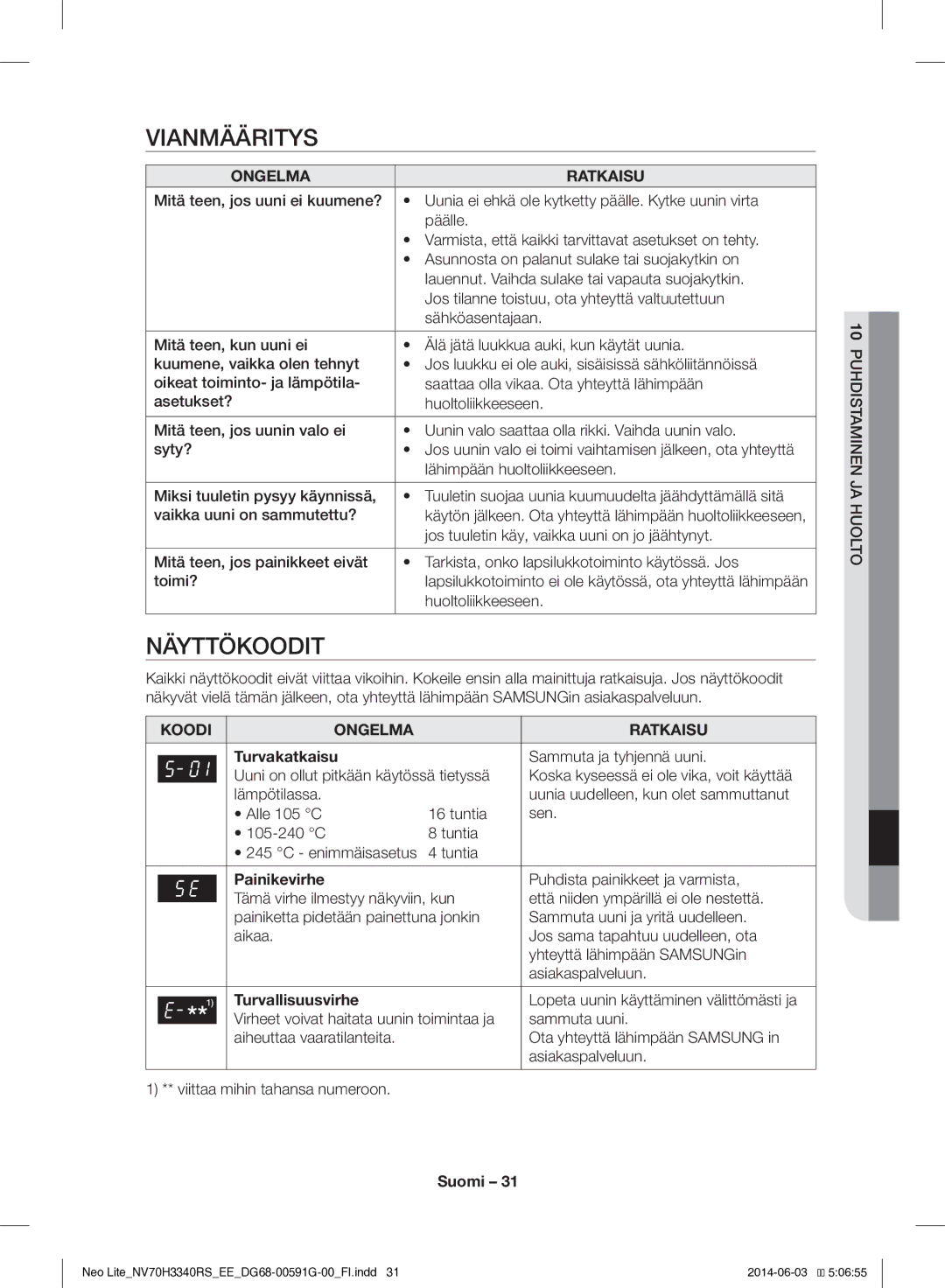 Samsung NV70H3340RS/EE manual Vianmääritys, Näyttökoodit, Turvakatkaisu, Painikevirhe, Turvallisuusvirhe 