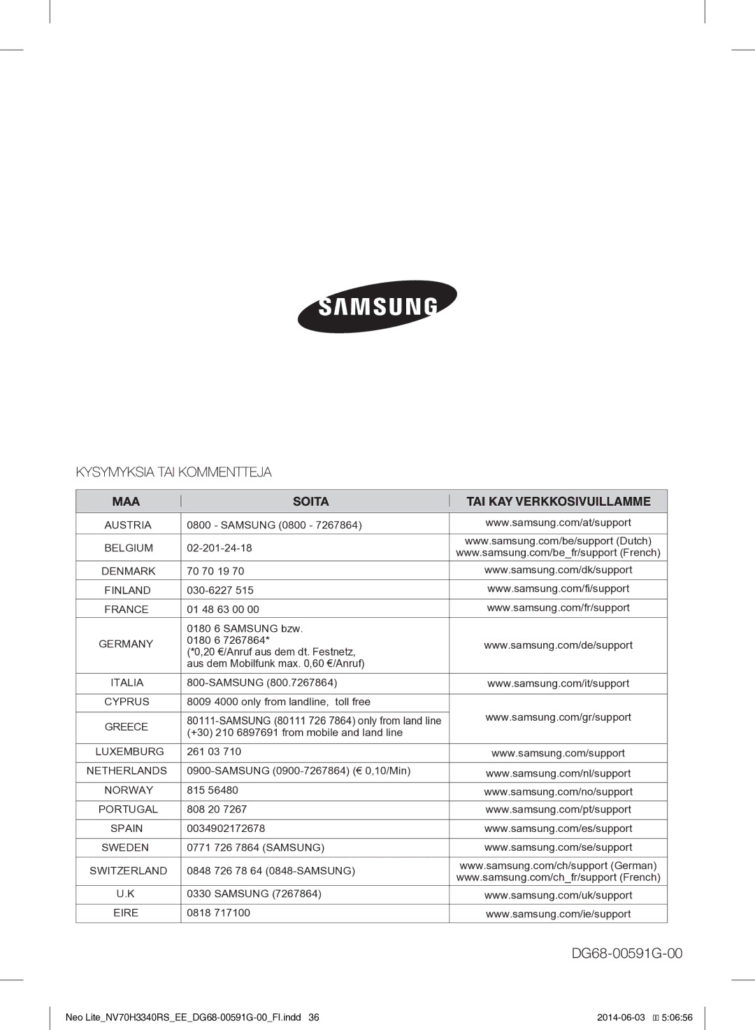 Samsung NV70H3340RS/EE manual DG68-00591G-00 