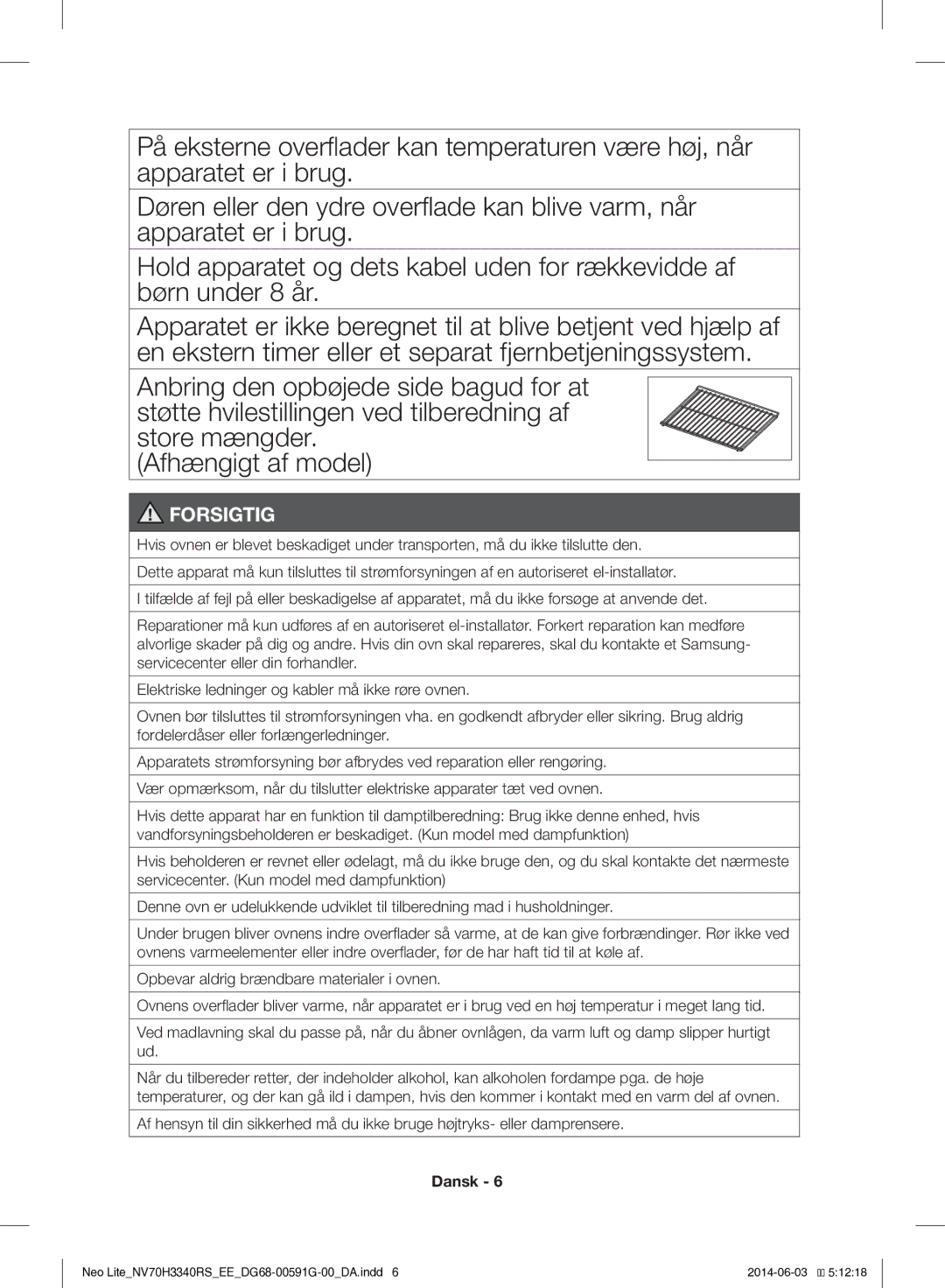 Samsung NV70H3340RS/EE manual Forsigtig 