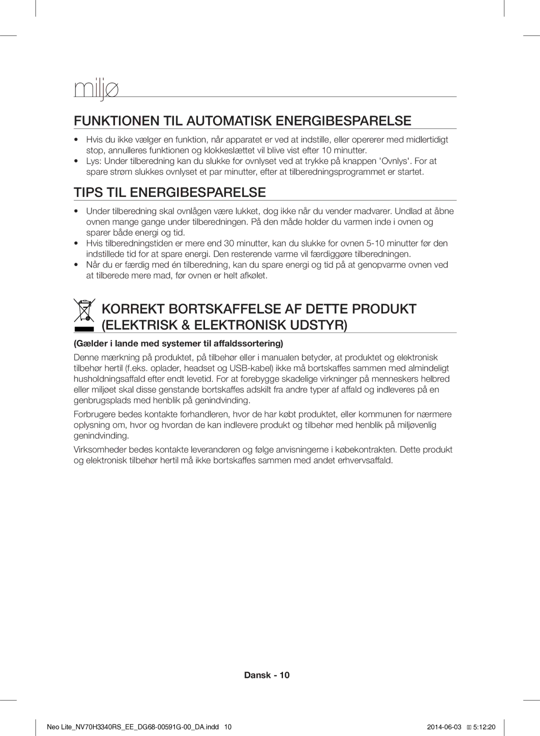 Samsung NV70H3340RS/EE manual Funktionen TIL Automatisk Energibesparelse, Tips TIL Energibesparelse 