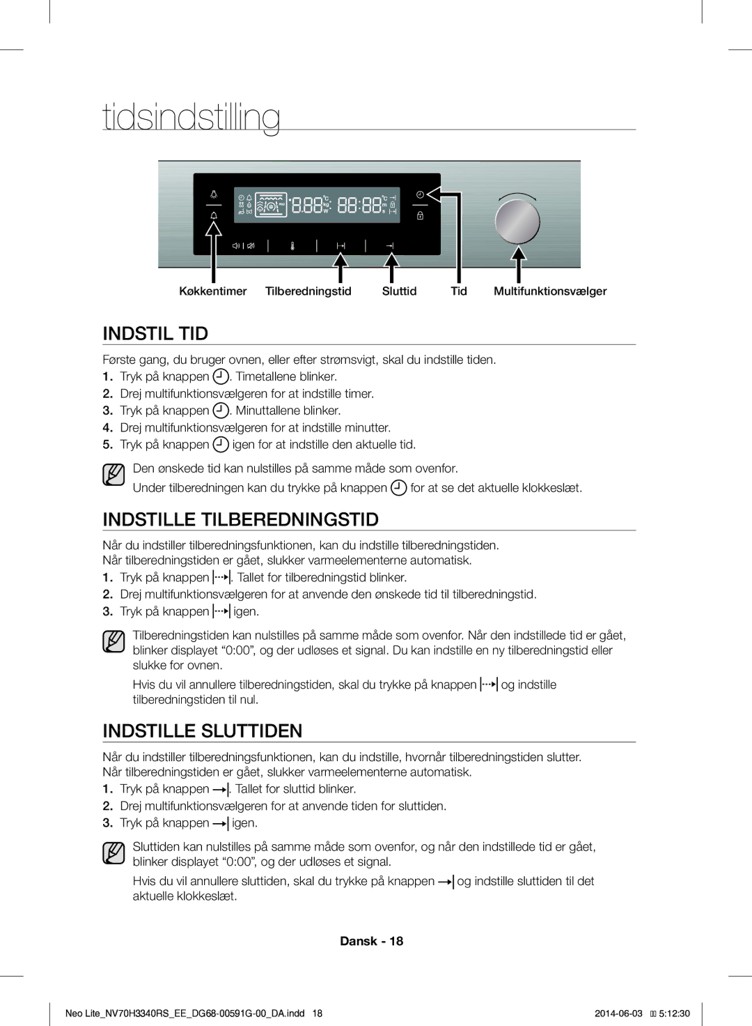 Samsung NV70H3340RS/EE manual Tidsindstilling, Indstil TID, Indstille Tilberedningstid, Indstille Sluttiden 