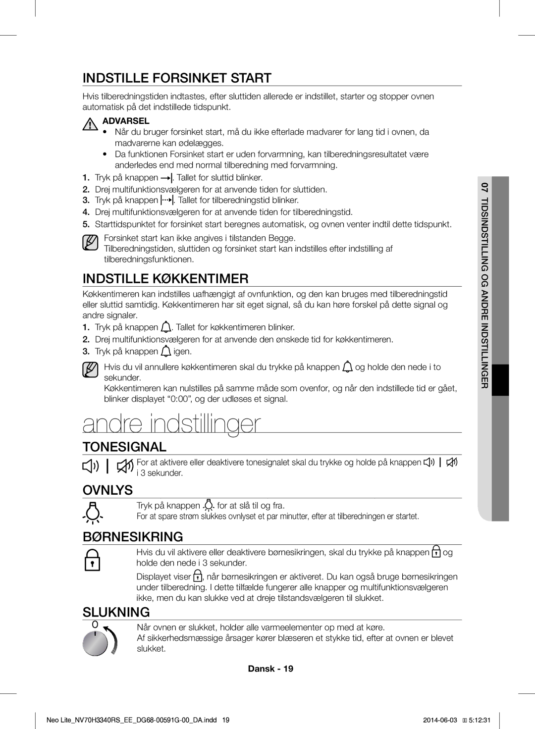 Samsung NV70H3340RS/EE manual Andre indstillinger 