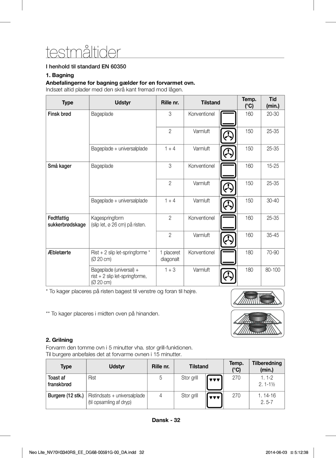 Samsung NV70H3340RS/EE manual Testmåltider, Bagning, Type Udstyr Rille nr Tilstand Temp Tid, Grilning 