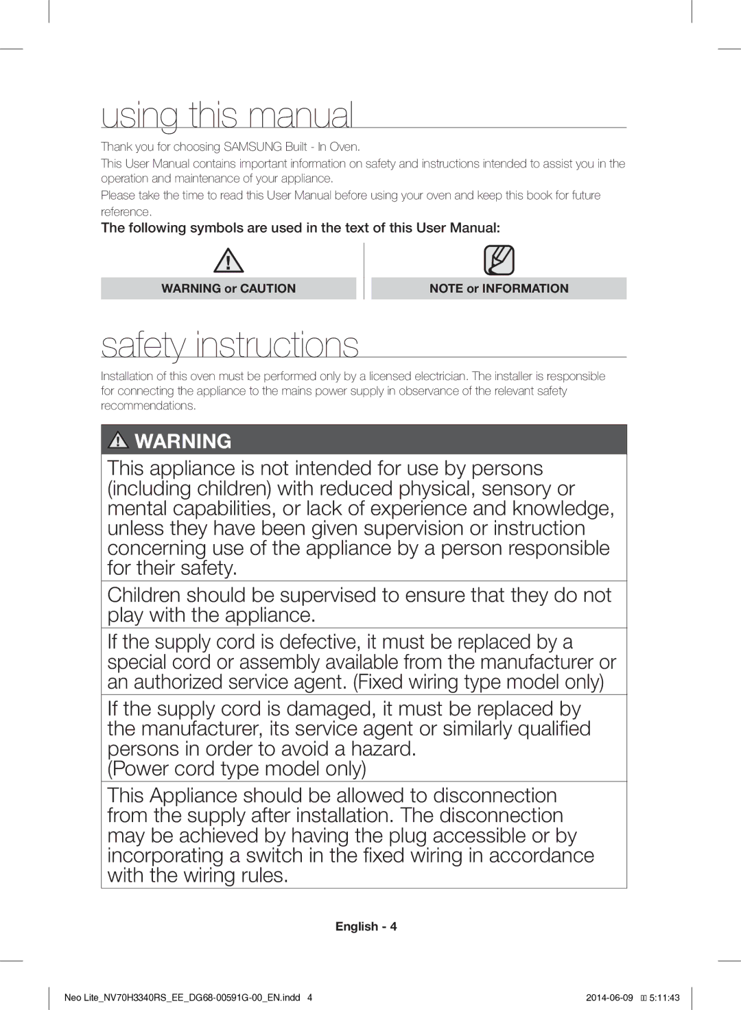 Samsung NV70H3340RS/EE Using this manual, Safety instructions, Thank you for choosing Samsung Built In Oven 