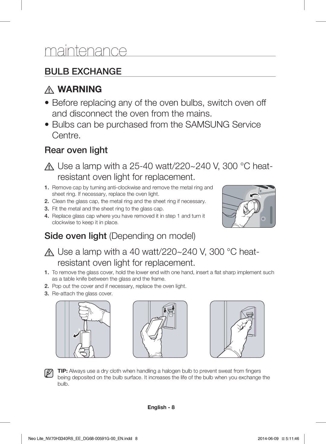 Samsung NV70H3340RS/EE manual Maintenance, Bulb Exchange 