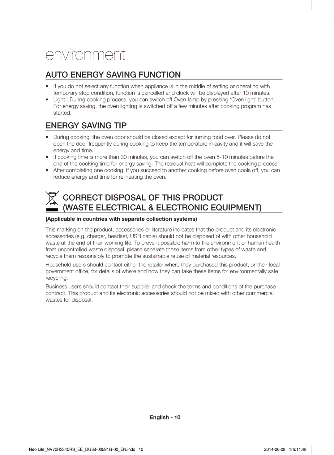 Samsung NV70H3340RS/EE manual Environment, Auto Energy Saving Function, Energy Saving TIP 