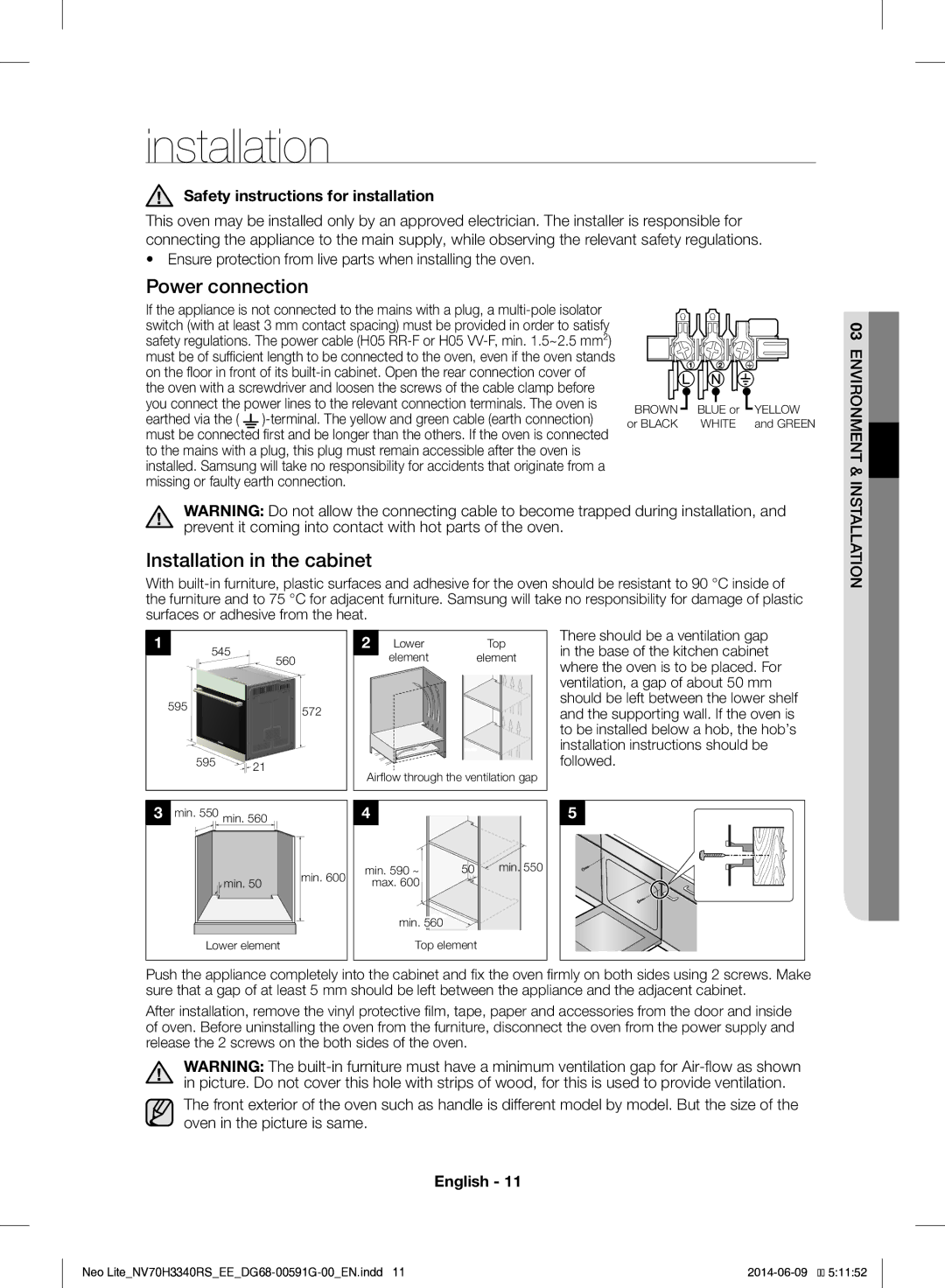 Samsung NV70H3340RS/EE manual Power connection, Installation in the cabinet, Safety instructions for installation 