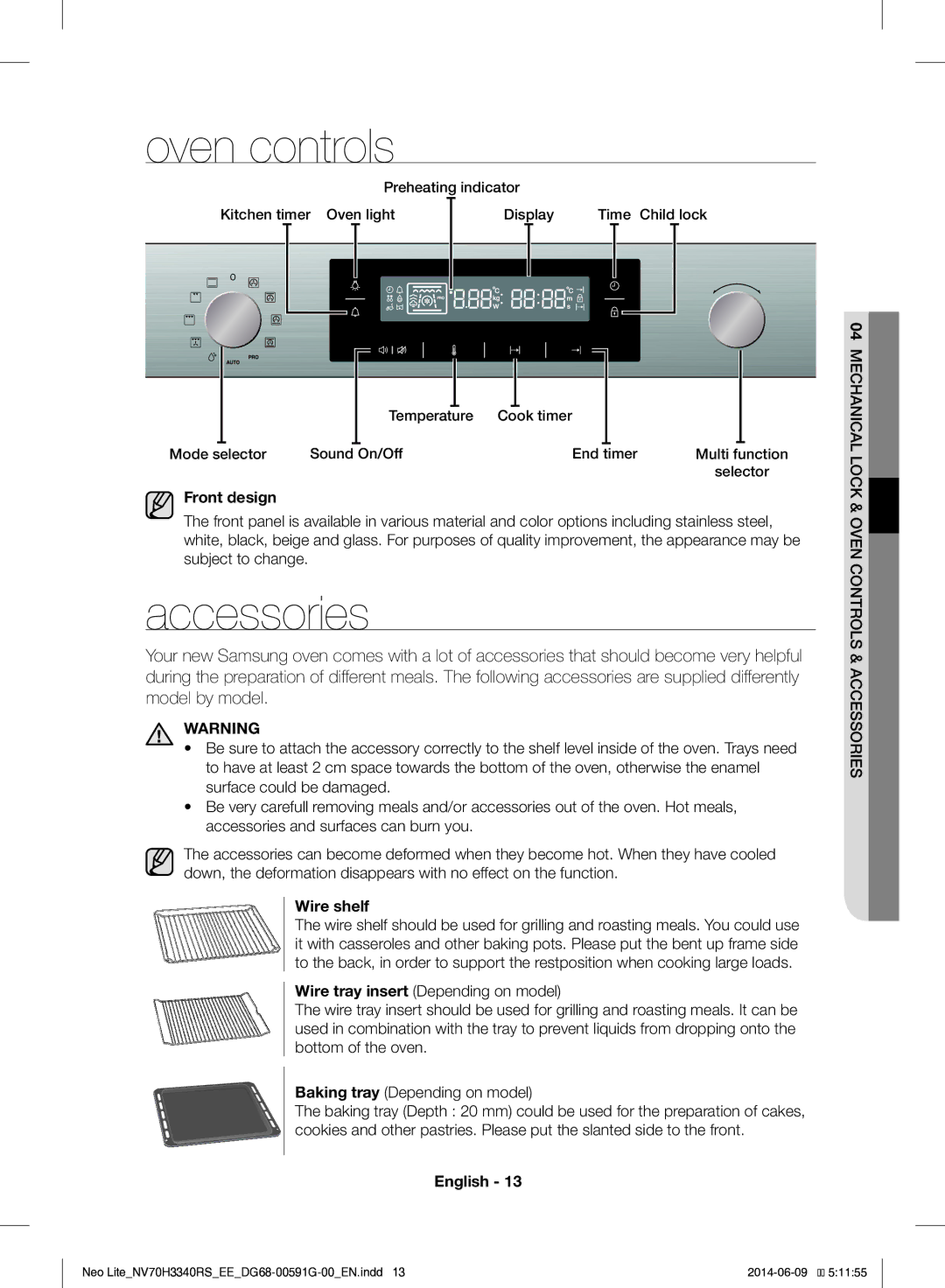 Samsung NV70H3340RS/EE manual Oven controls, Accessories, Front design, Wire shelf 