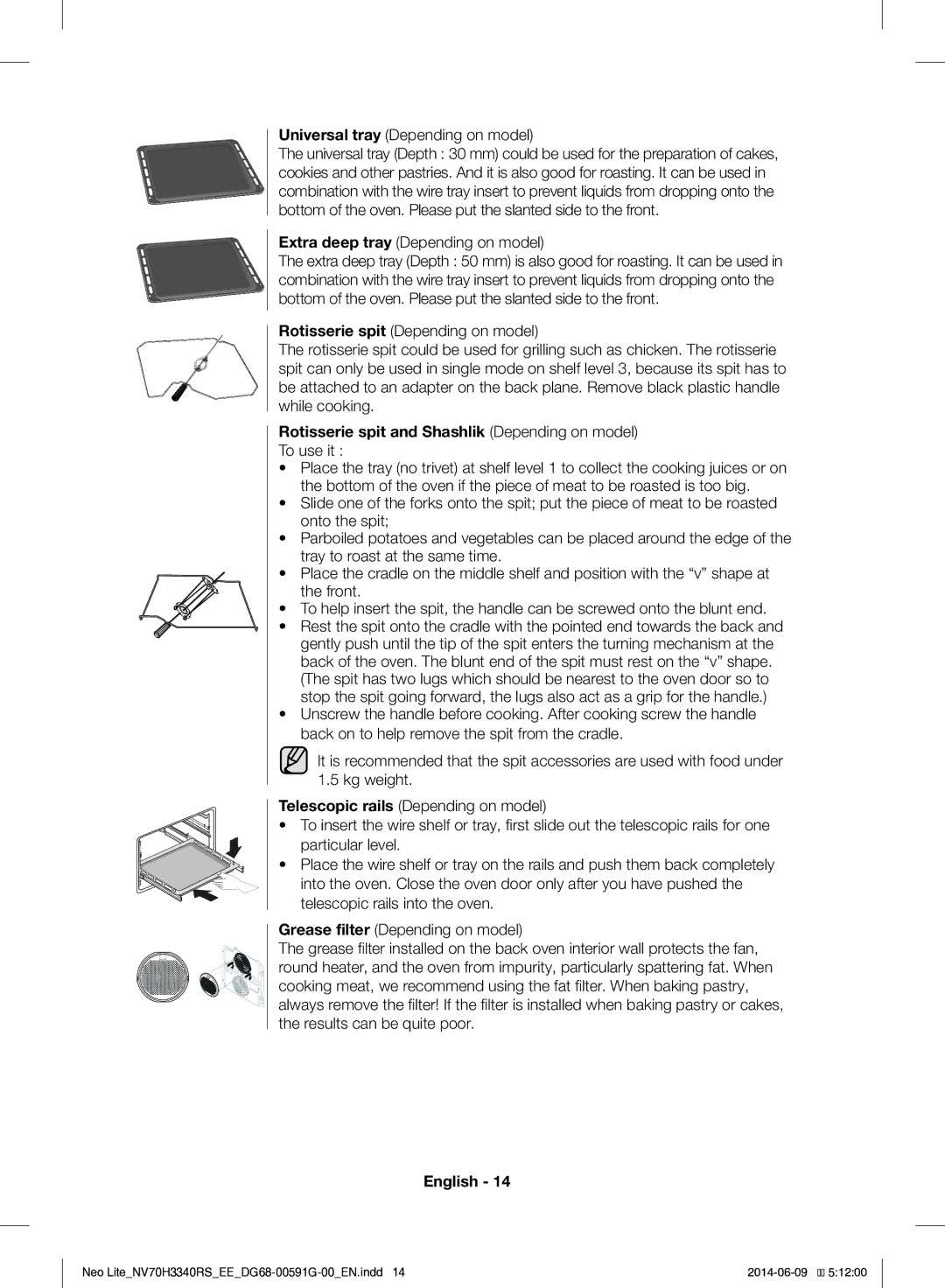 Samsung NV70H3340RS/EE manual Universal tray Depending on model, Extra deep tray Depending on model 