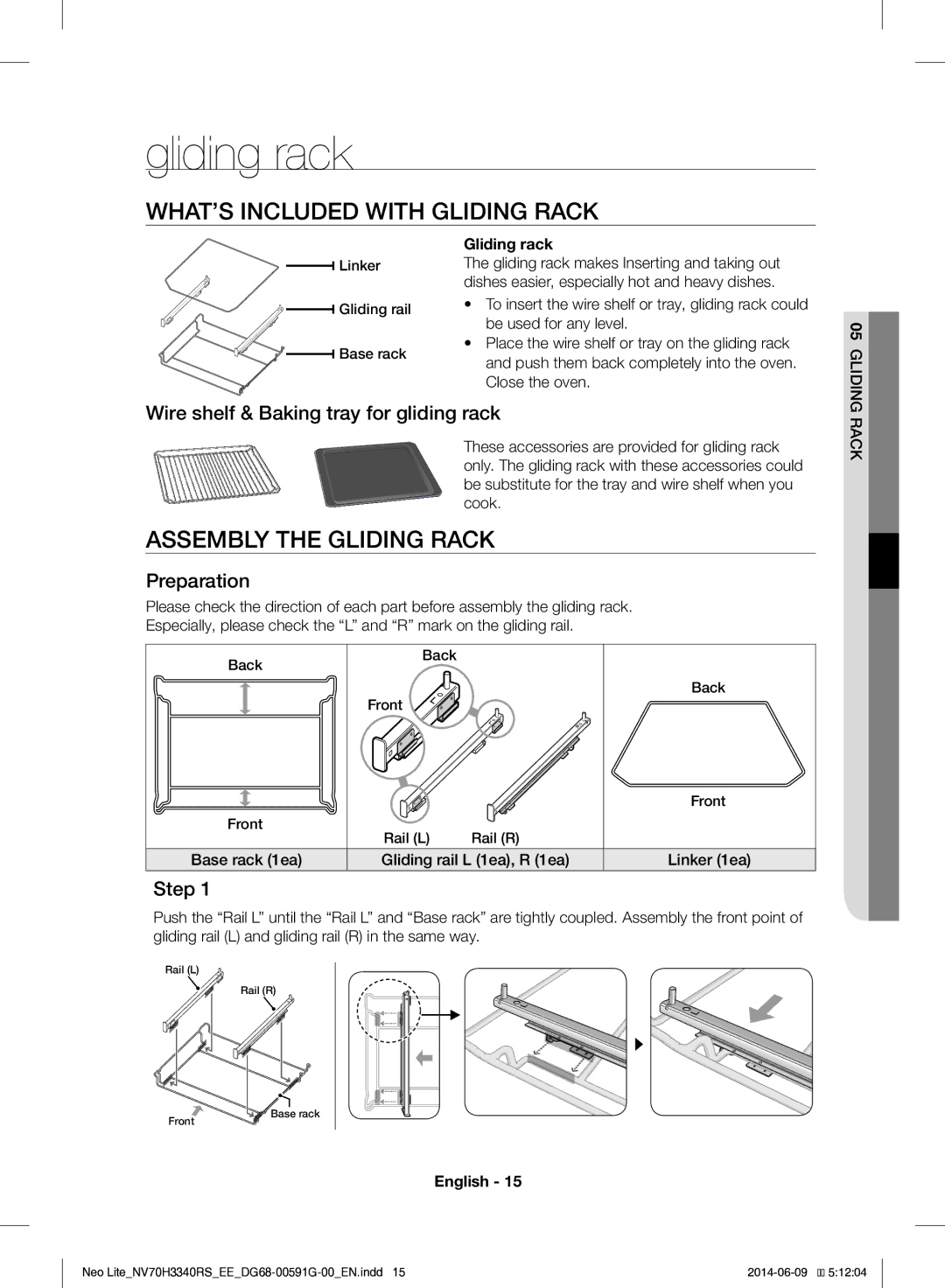 Samsung NV70H3340RS/EE manual Gliding rack, WHAT’S Included with Gliding Rack, Assembly the Gliding Rack 