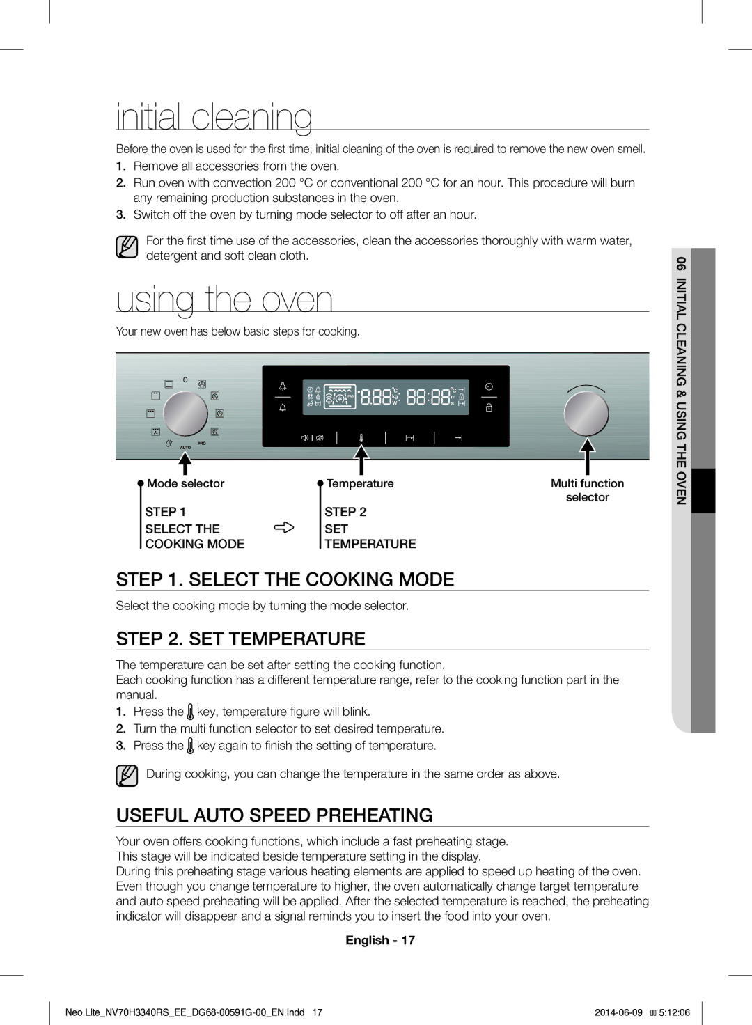 Samsung NV70H3340RS/EE manual Initial cleaning, Using the oven, Select the Cooking Mode, SET Temperature 