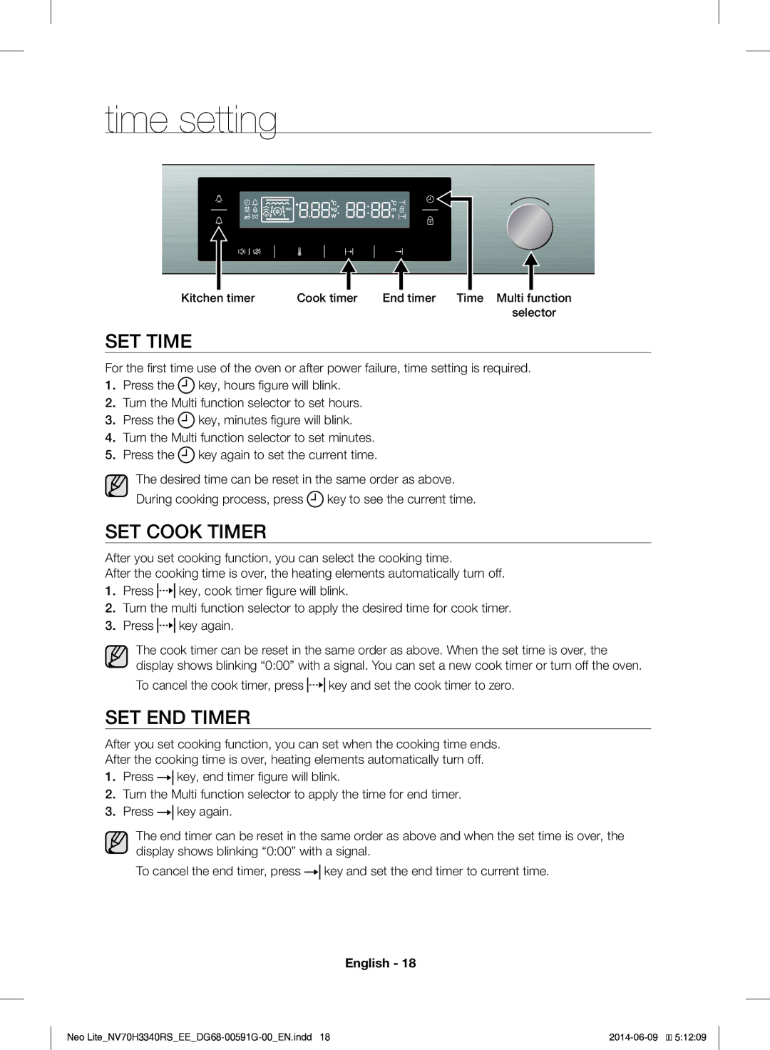 Samsung NV70H3340RS/EE manual Time setting, SET Time, SET Cook Timer, SET END Timer 