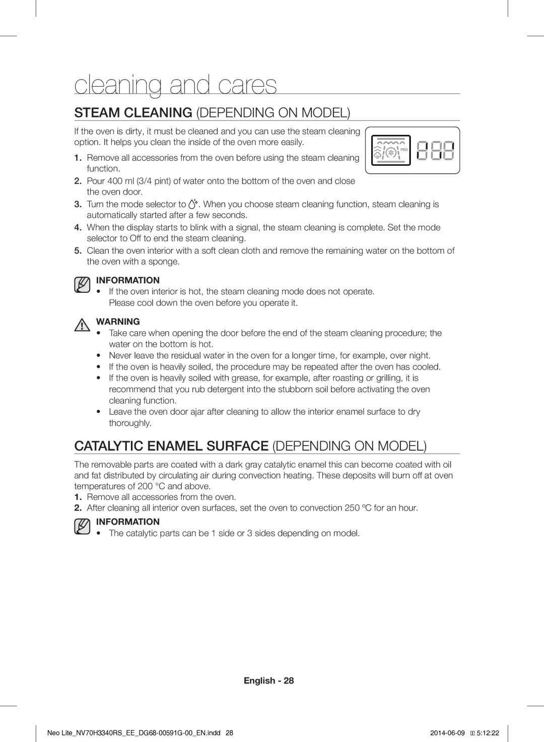 Samsung NV70H3340RS/EE Cleaning and cares, Steam Cleaning Depending on Model, Catalytic Enamel Surface Depending on Model 