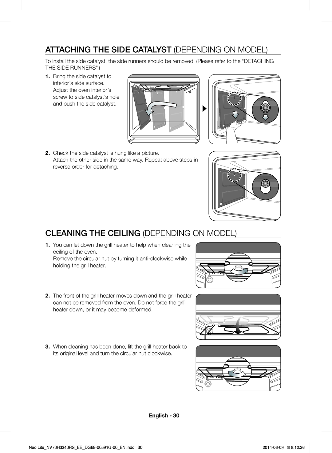 Samsung NV70H3340RS/EE manual Attaching the Side Catalyst Depending on Model, Cleaning the Ceiling Depending on Model 