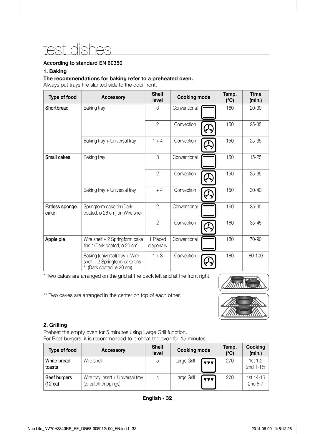 Samsung NV70H3340RS/EE manual Test dishes, Accessory Shelf Cooking mode Temp 