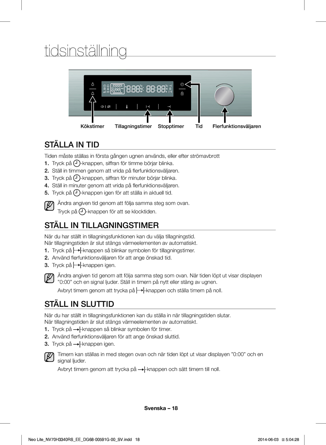 Samsung NV70H3340RS/EE manual Tidsinställning, Ställa in TID, Ställ in Tillagningstimer, Ställ in Sluttid 