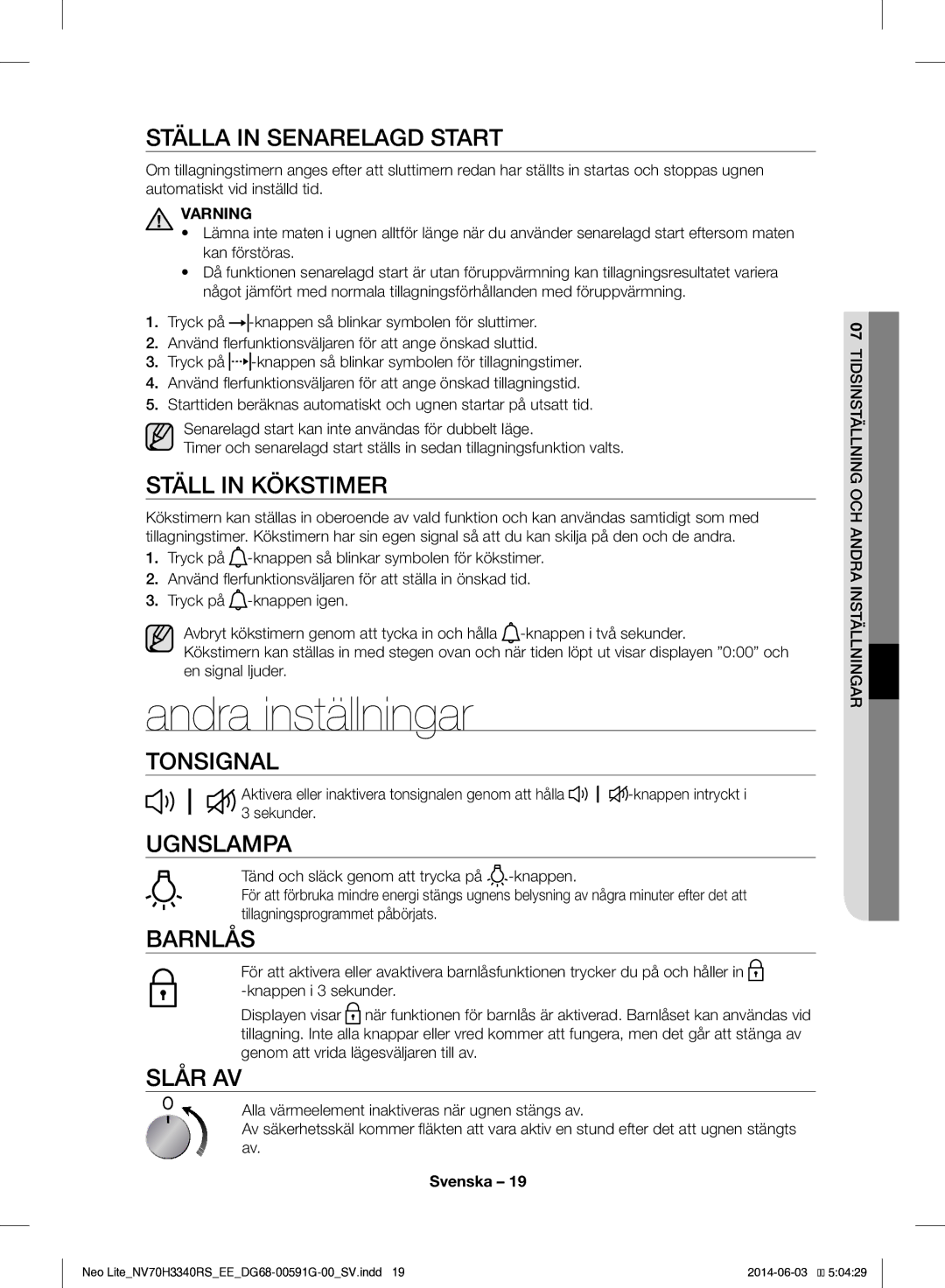 Samsung NV70H3340RS/EE manual Andra inställningar 