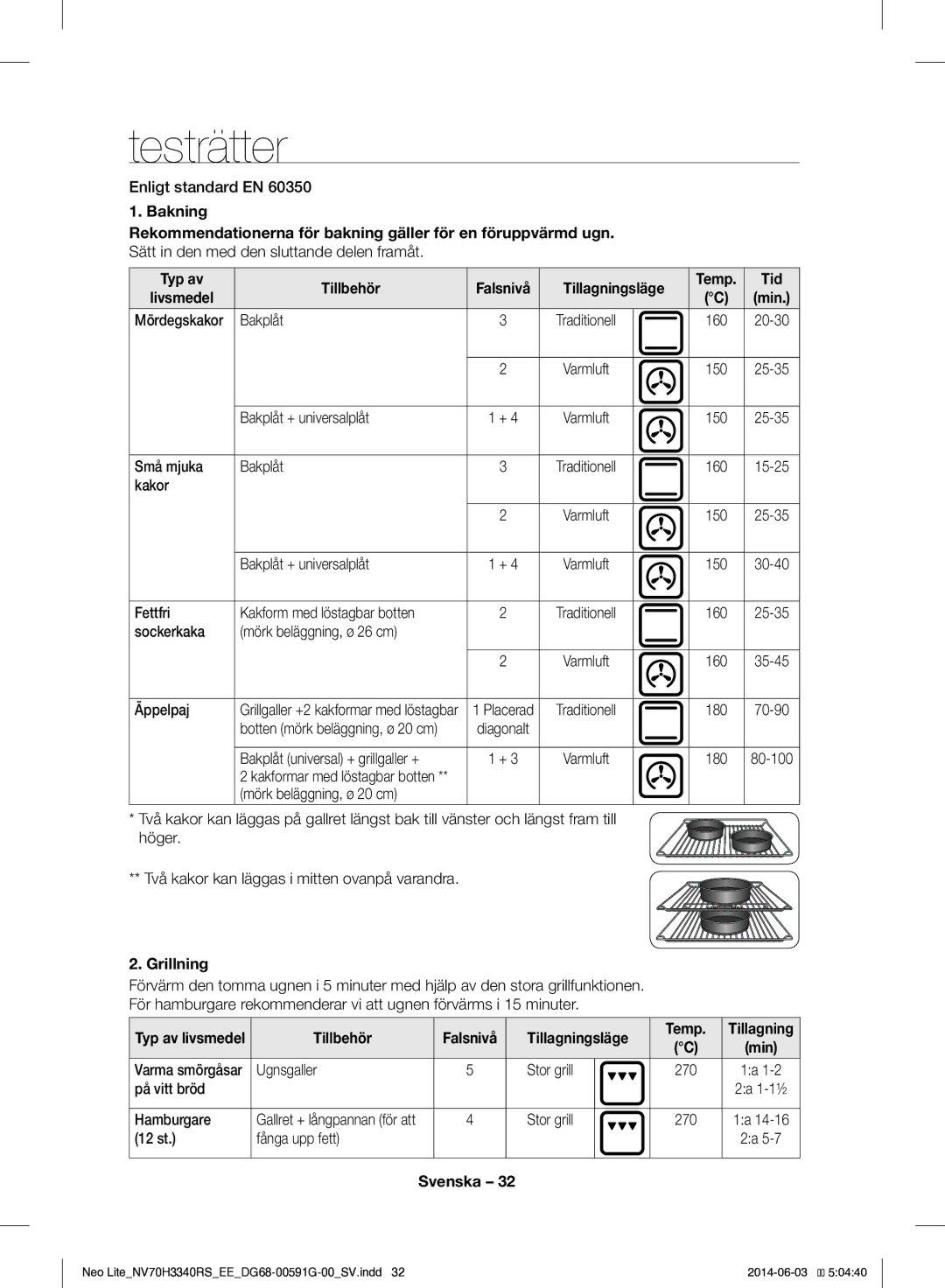 Samsung NV70H3340RS/EE manual Testrätter, Grillning, Tillagningsläge Temp 