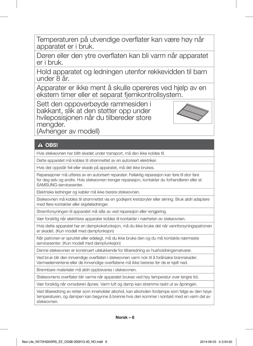 Samsung NV70H3340RS/EE manual Obs 