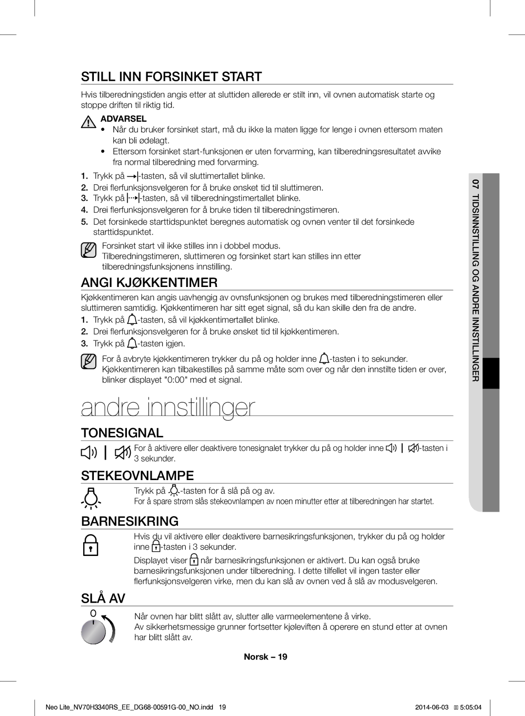 Samsung NV70H3340RS/EE manual Andre innstillinger 