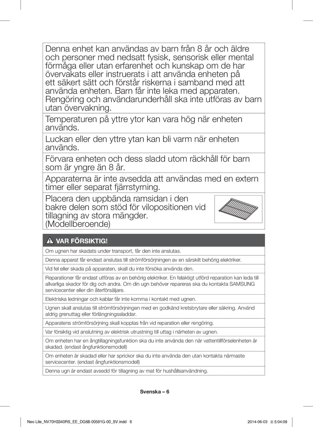 Samsung NV70H3340RS/EE manual VAR Försiktig 