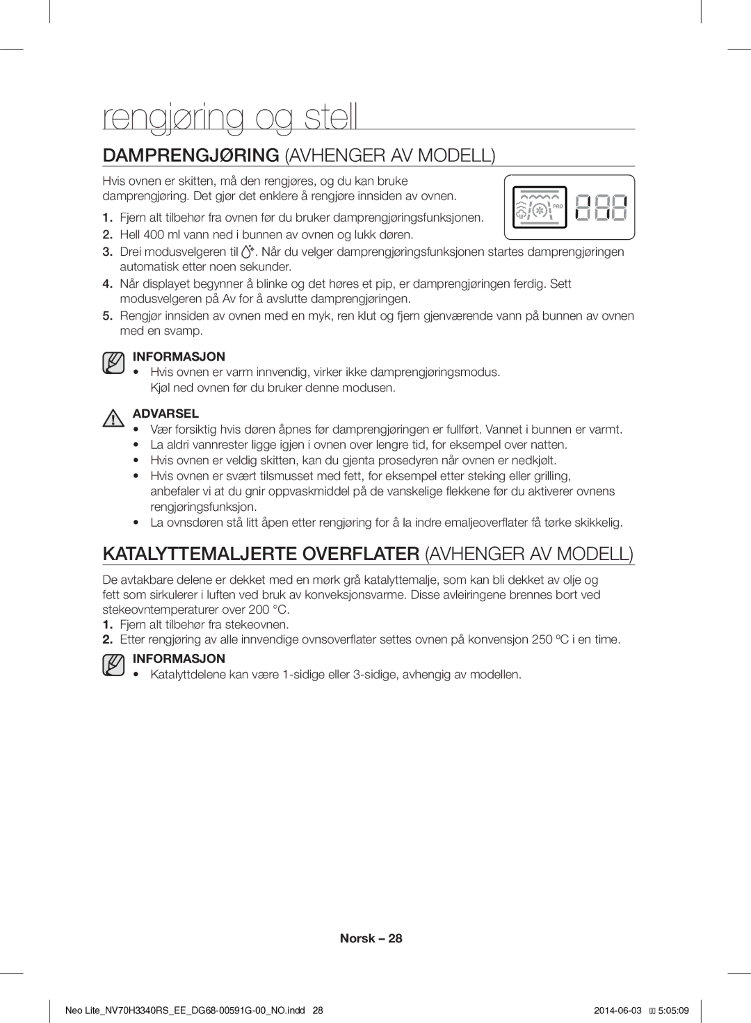 Samsung NV70H3340RS/EE manual Rengjøring og stell, Damprengjøring Avhenger AV Modell 