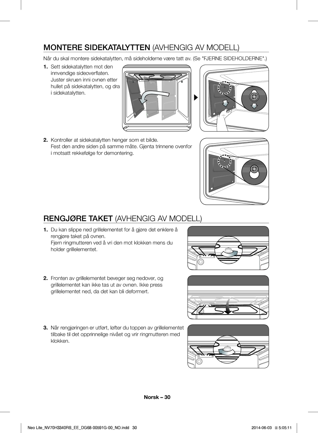 Samsung NV70H3340RS/EE manual Montere Sidekatalytten Avhengig AV Modell, Rengjøre Taket Avhengig AV Modell, Klokken 