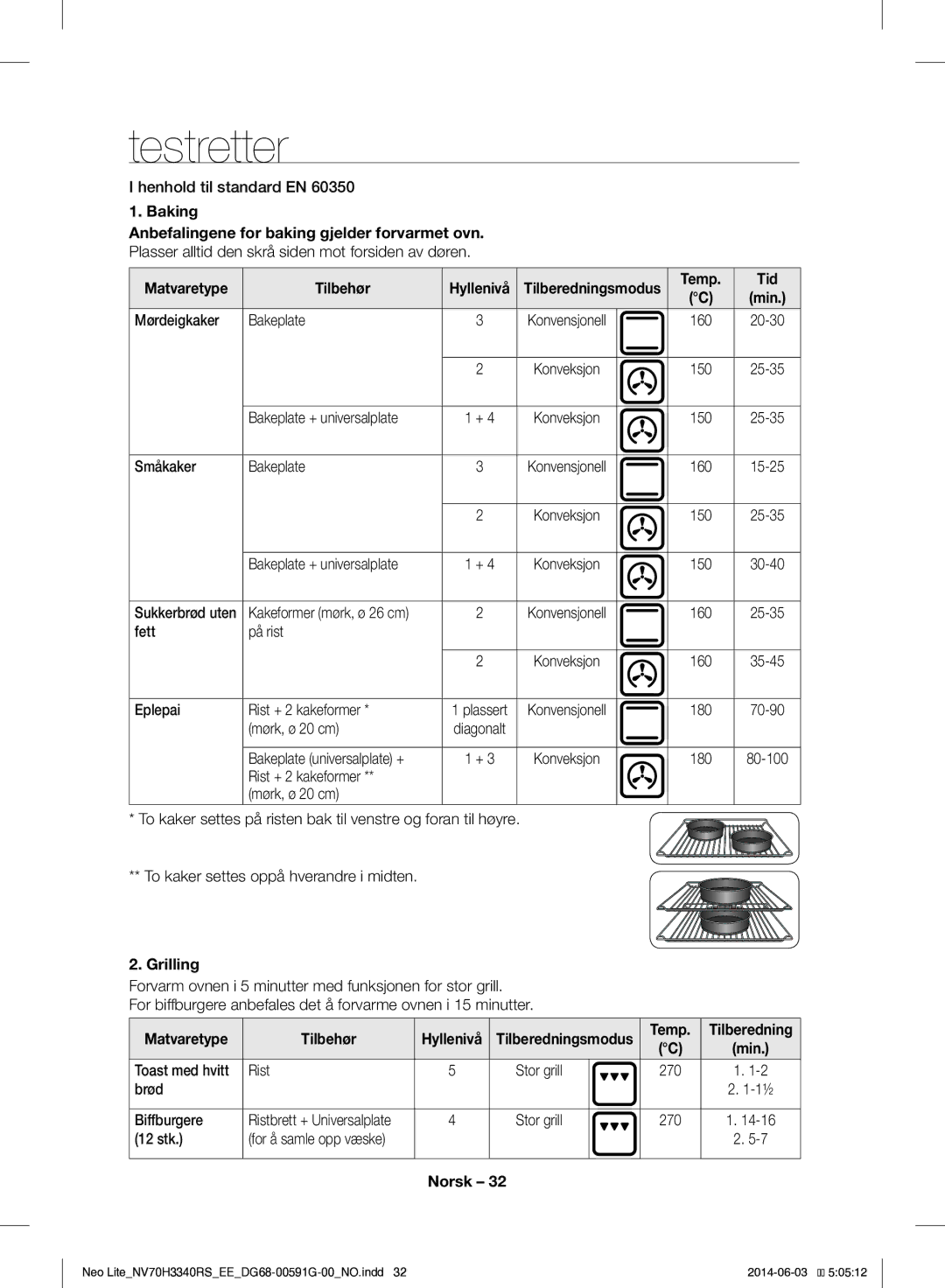 Samsung NV70H3340RS/EE Testretter, Baking Anbefalingene for baking gjelder forvarmet ovn, Matvaretype Tilbehør, Grilling 