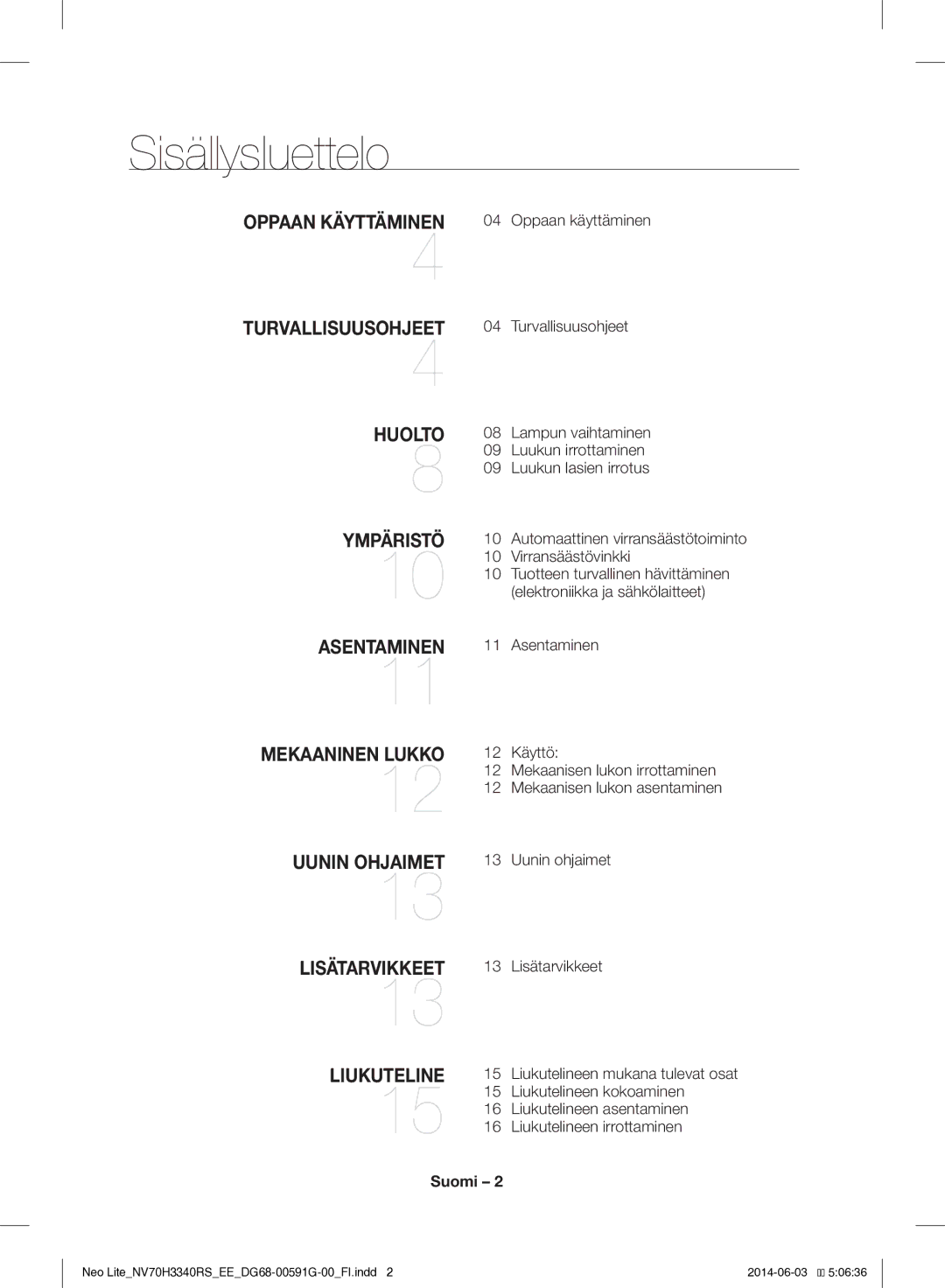 Samsung NV70H3340RS/EE manual Sisällysluettelo, Suomi 