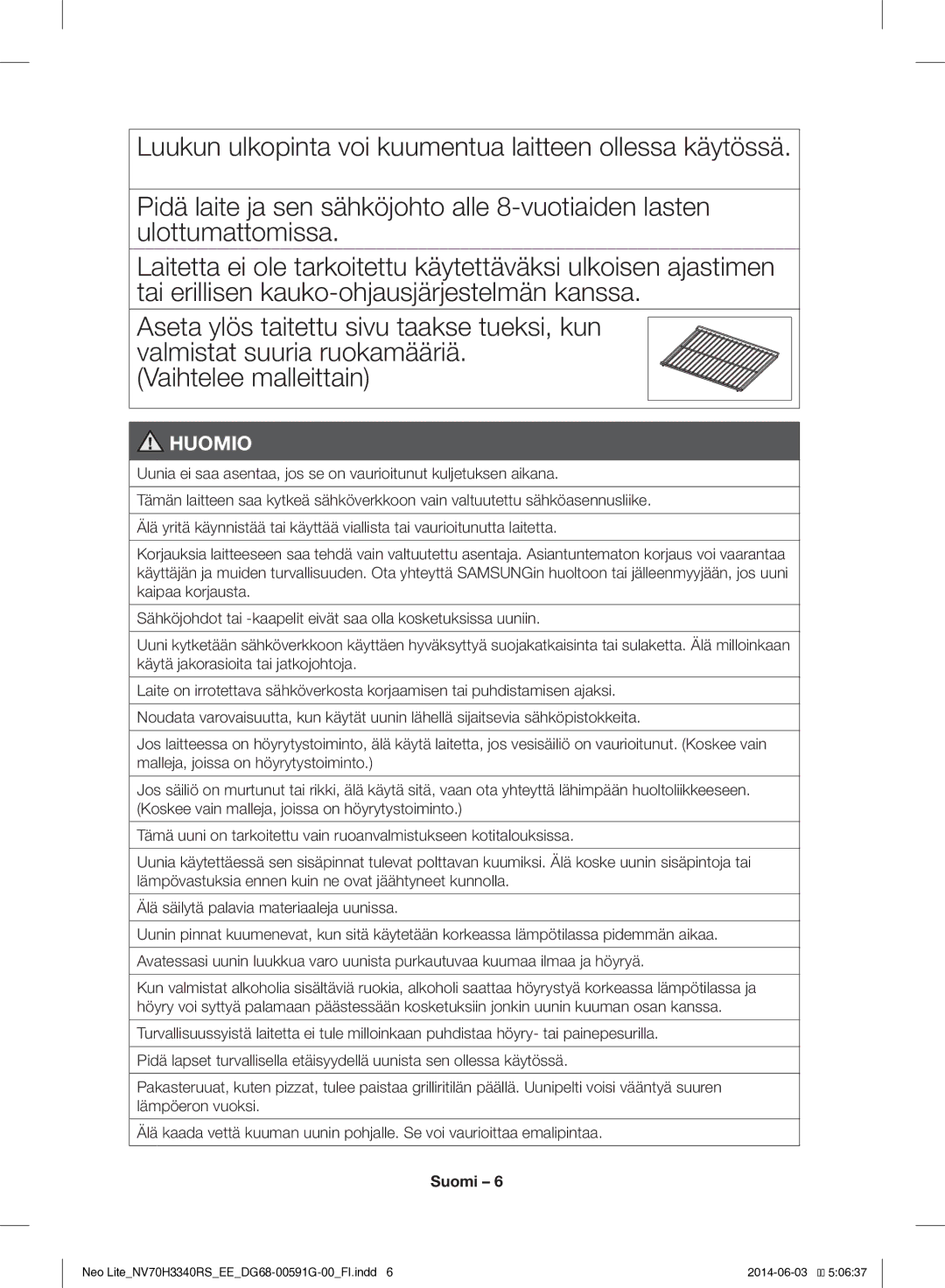 Samsung NV70H3340RS/EE manual Huomio 