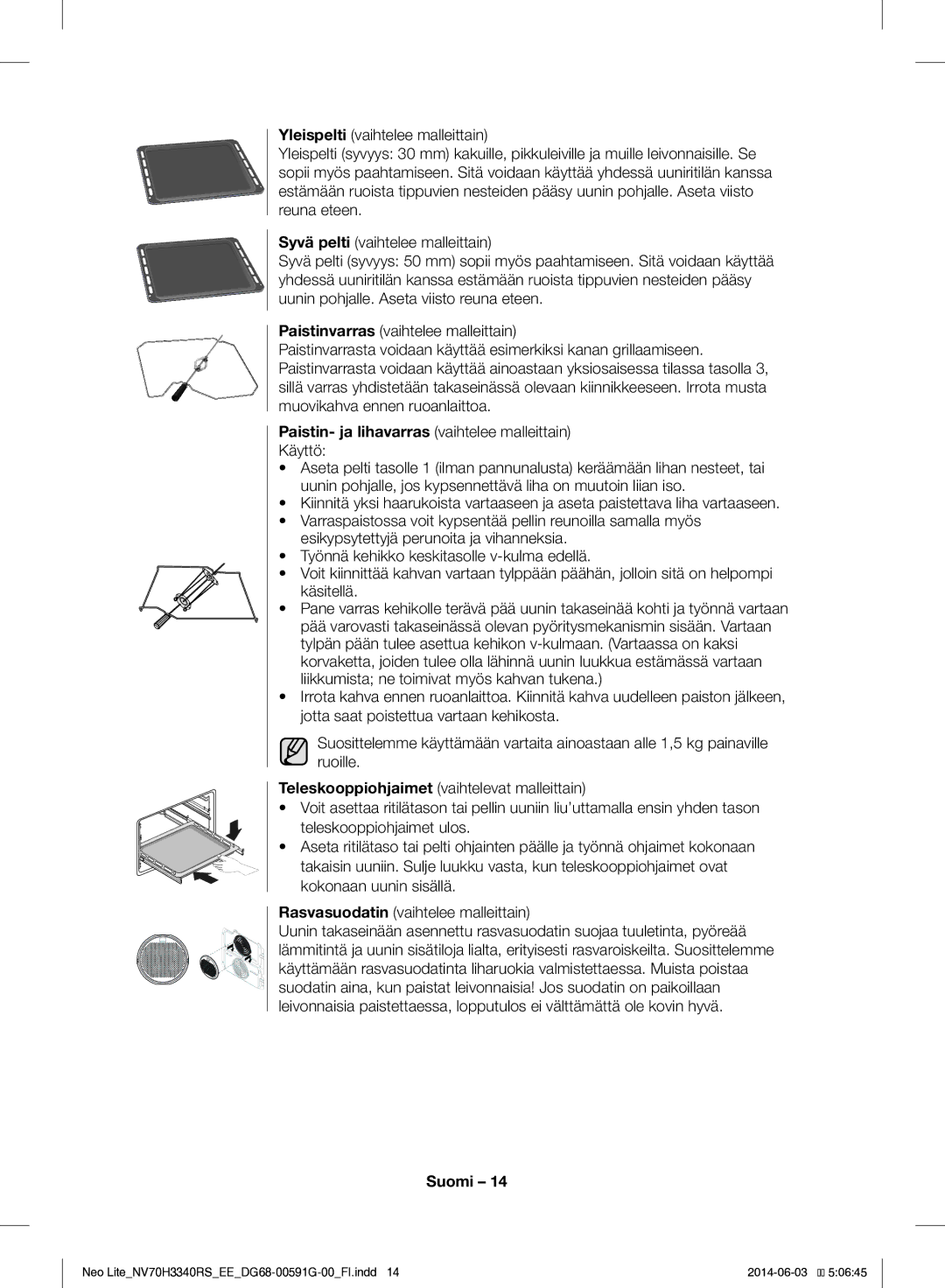 Samsung NV70H3340RS/EE manual Paistin- ja lihavarras vaihtelee malleittain Käyttö 