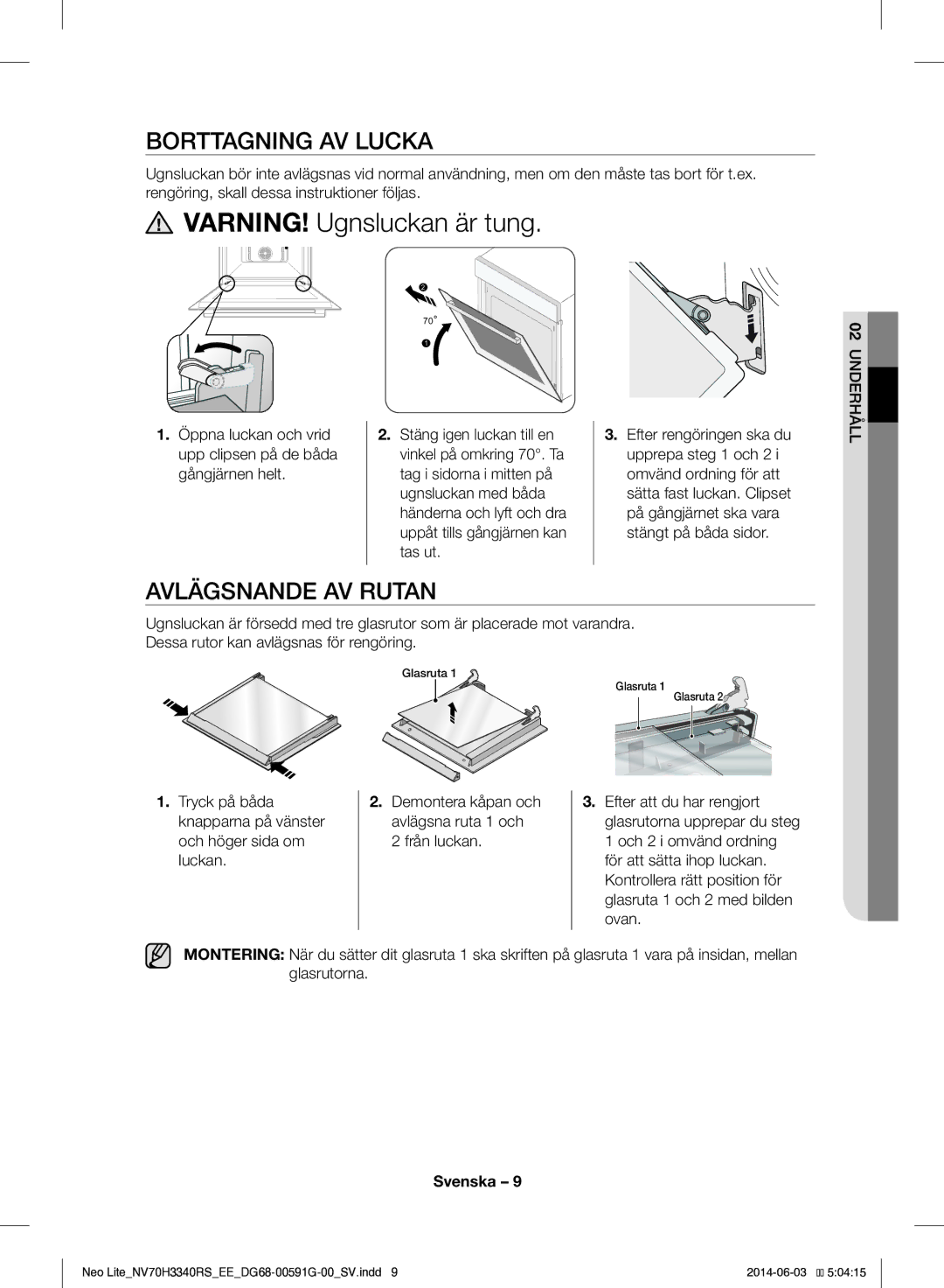 Samsung NV70H3340RS/EE manual Borttagning AV Lucka, Avlägsnande AV Rutan 