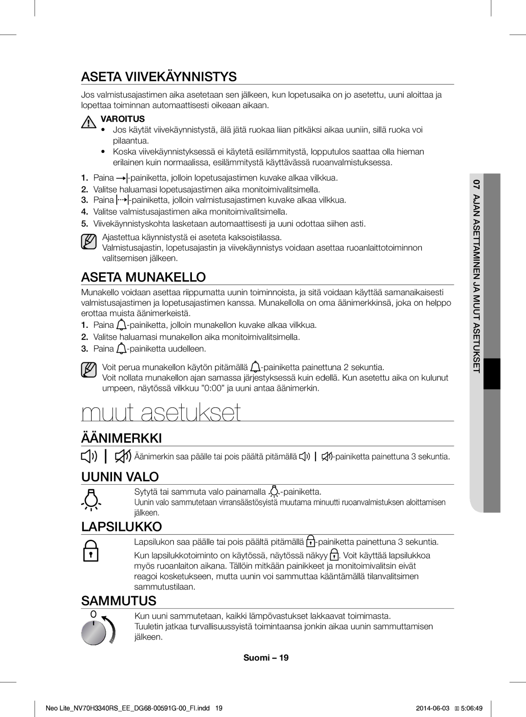 Samsung NV70H3340RS/EE manual Muut asetukset 