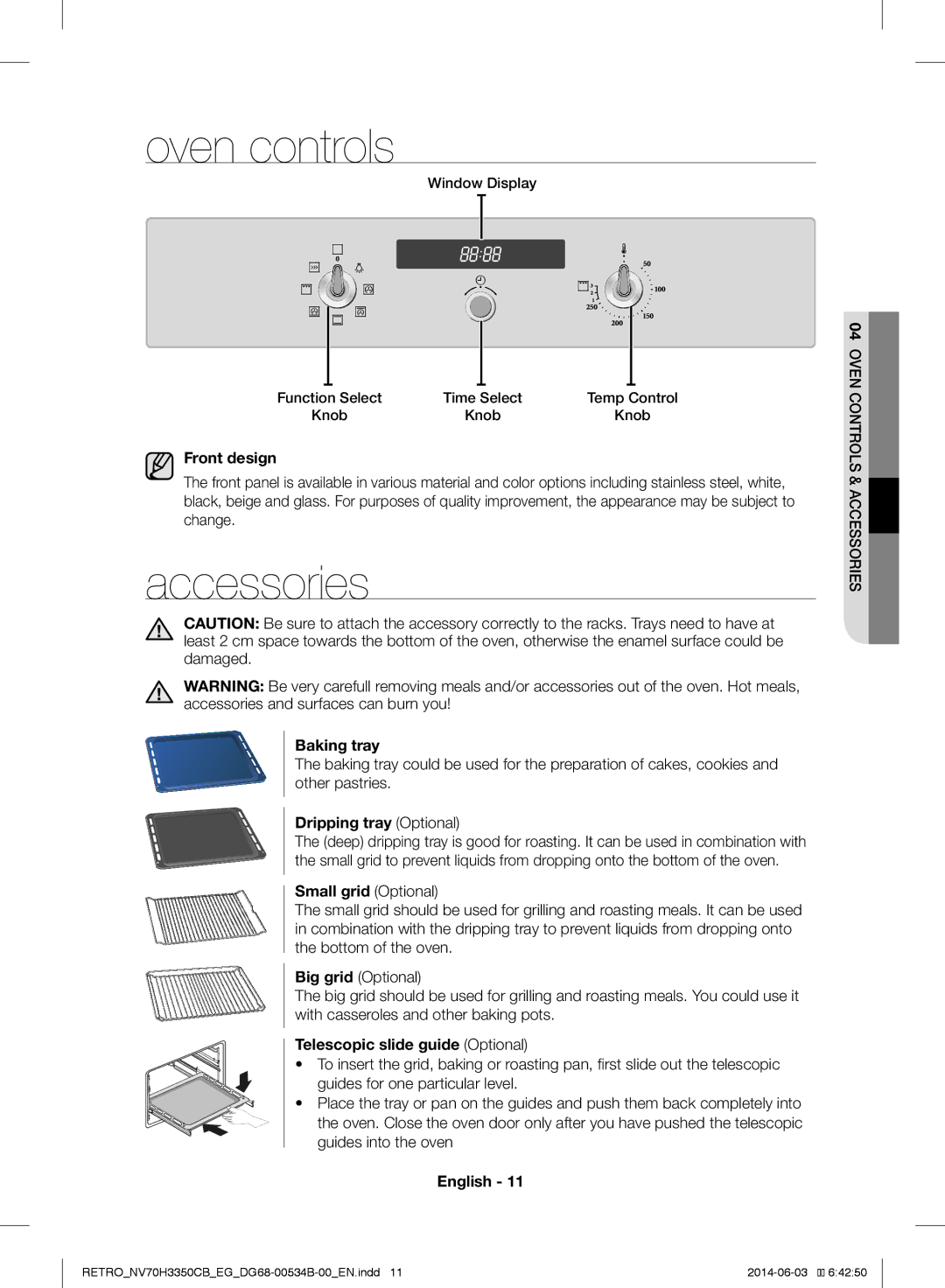 Samsung NV70H3350CB/EG manual Oven controls, Accessories 