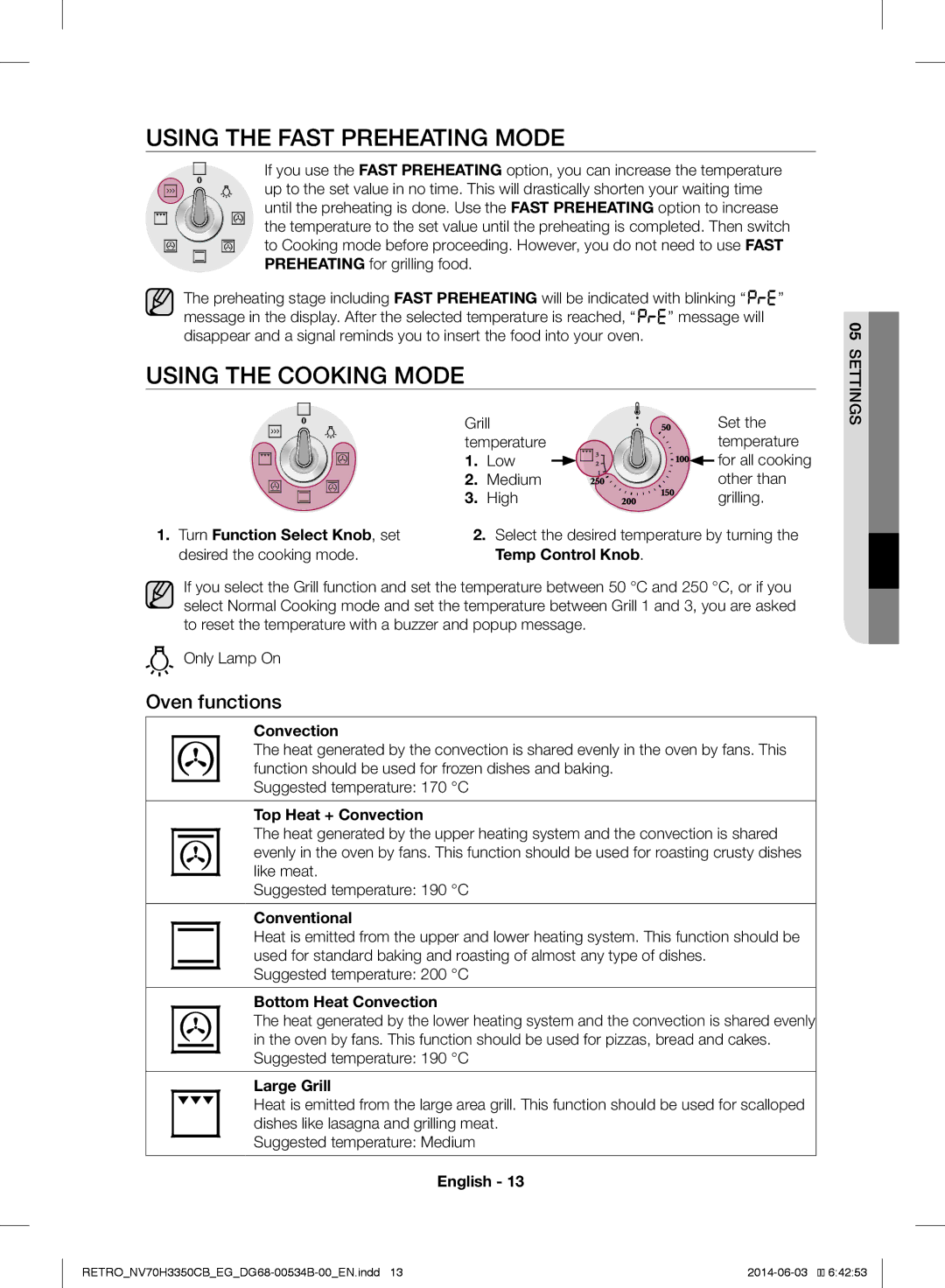 Samsung NV70H3350CB/EG manual Using the Fast Preheating Mode, Using the Cooking Mode, Oven functions 