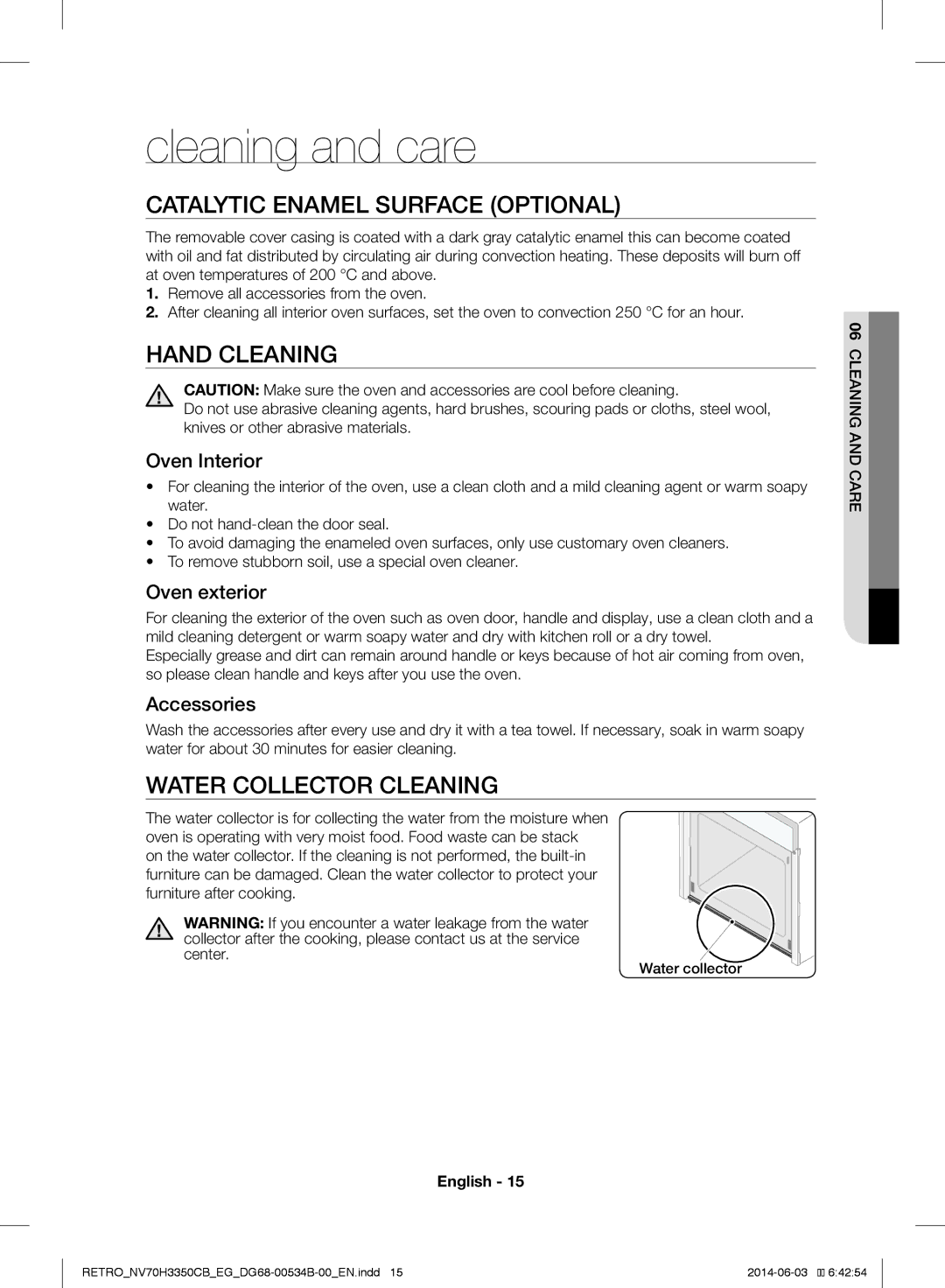 Samsung NV70H3350CB/EG manual Cleaning and care, Catalytic Enamel Surface Optional, Hand Cleaning, Water Collector Cleaning 