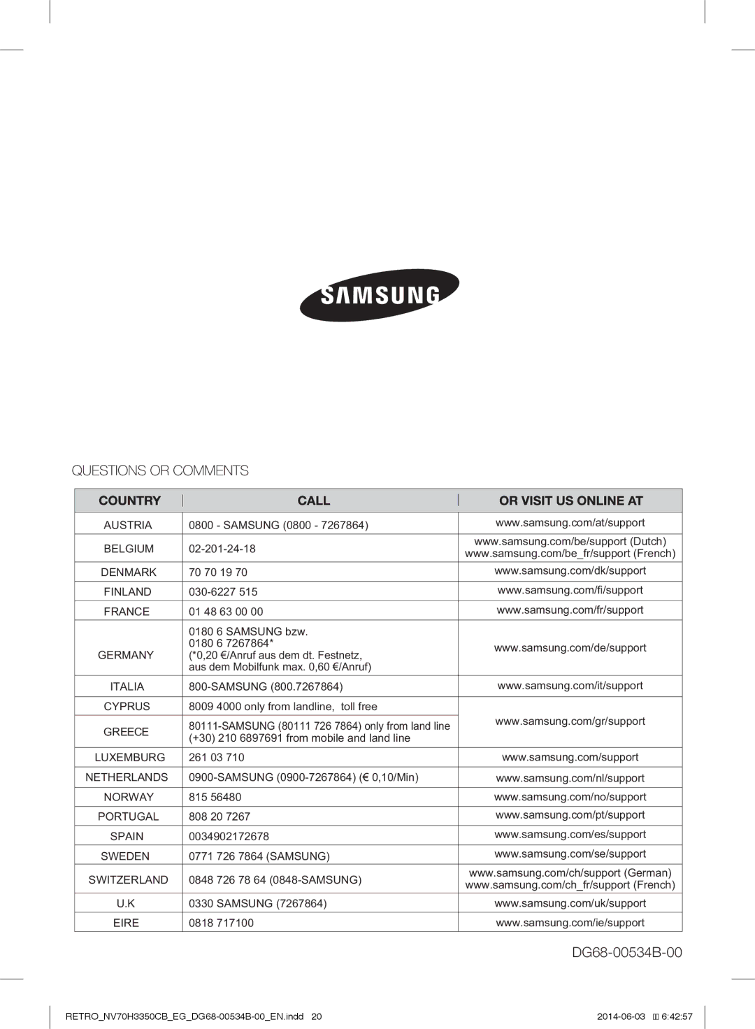 Samsung NV70H3350CB/EG manual DG68-00534B-00 