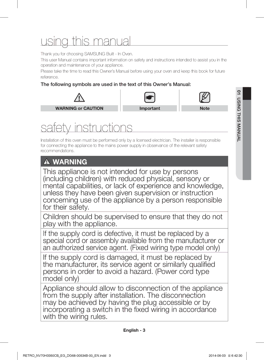 Samsung NV70H3350CB/EG Using this manual, Safety instructions 