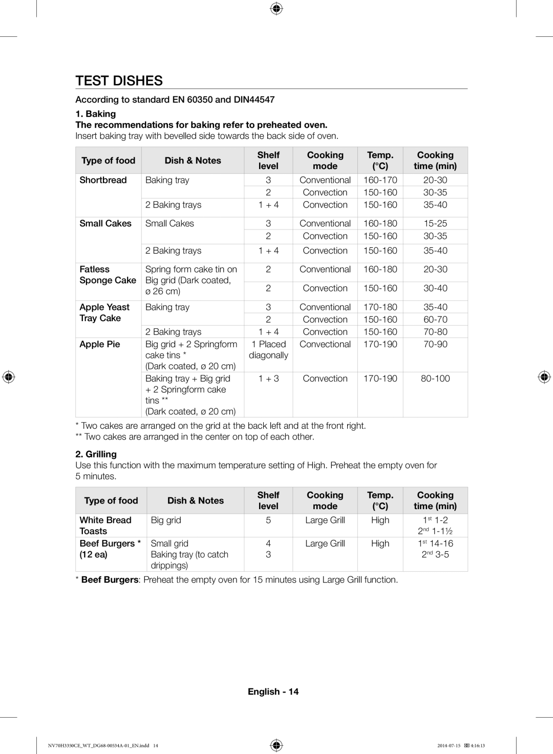 Samsung NV70H3350CE/WT Test Dishes, Baking Recommendations for baking refer to preheated oven, Type of food Dish & Notes 