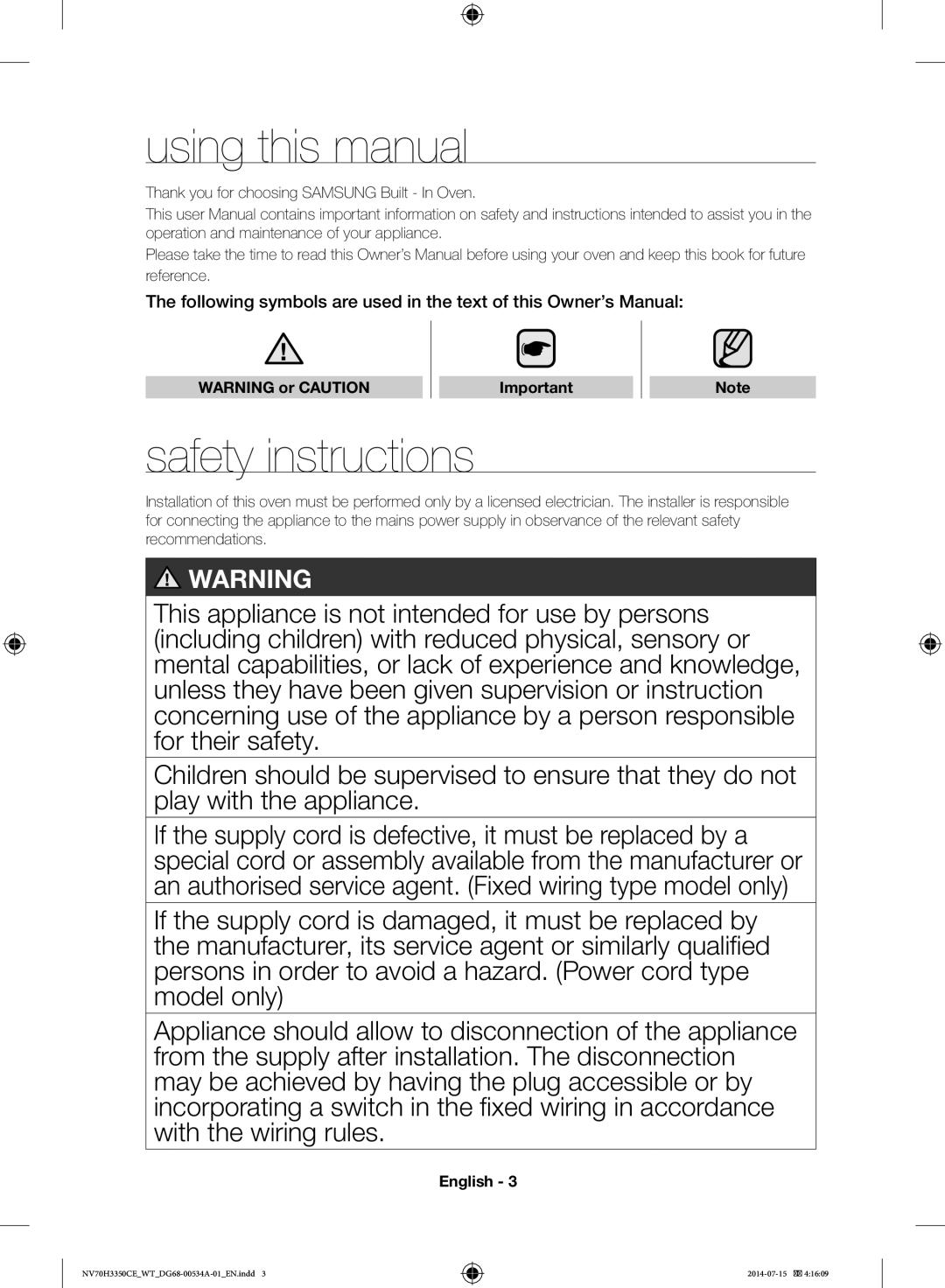 Samsung NV70H3350CB/WT, NV70H3350CE/WT Using this manual, Safety instructions 