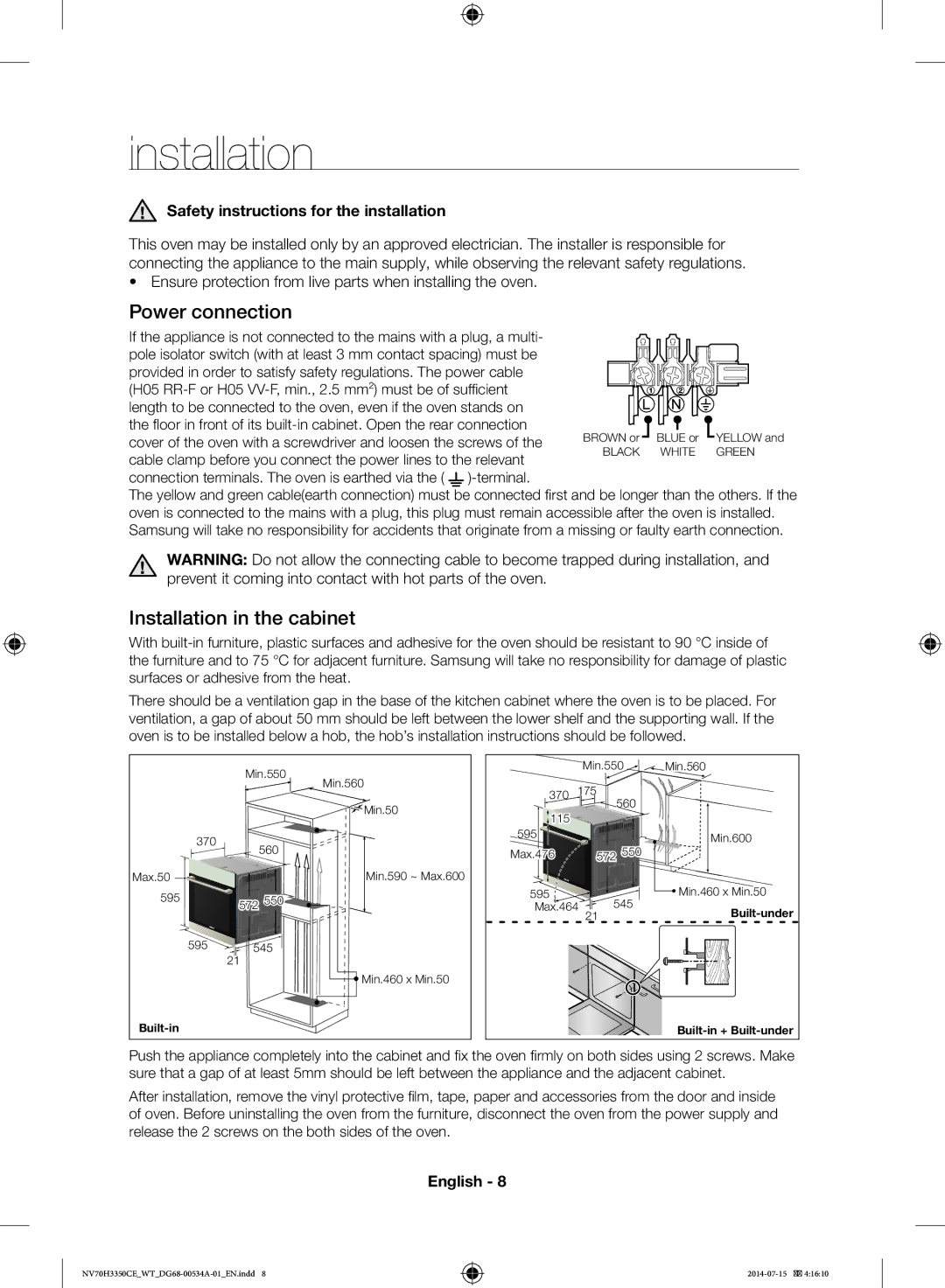 Samsung NV70H3350CE/WT manual Power connection, Installation in the cabinet, Safety instructions for the installation 