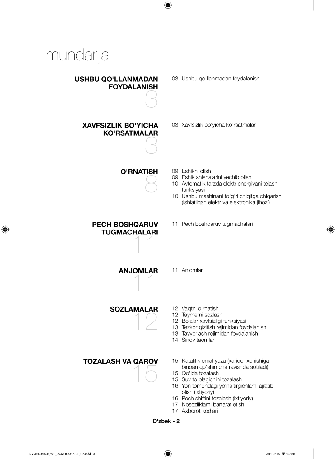 Samsung NV70H3350CE/WT, NV70H3350CB/WT manual Mundarija, Pech boshqaruv tugmachalari, Anjomlar, Ozbek 