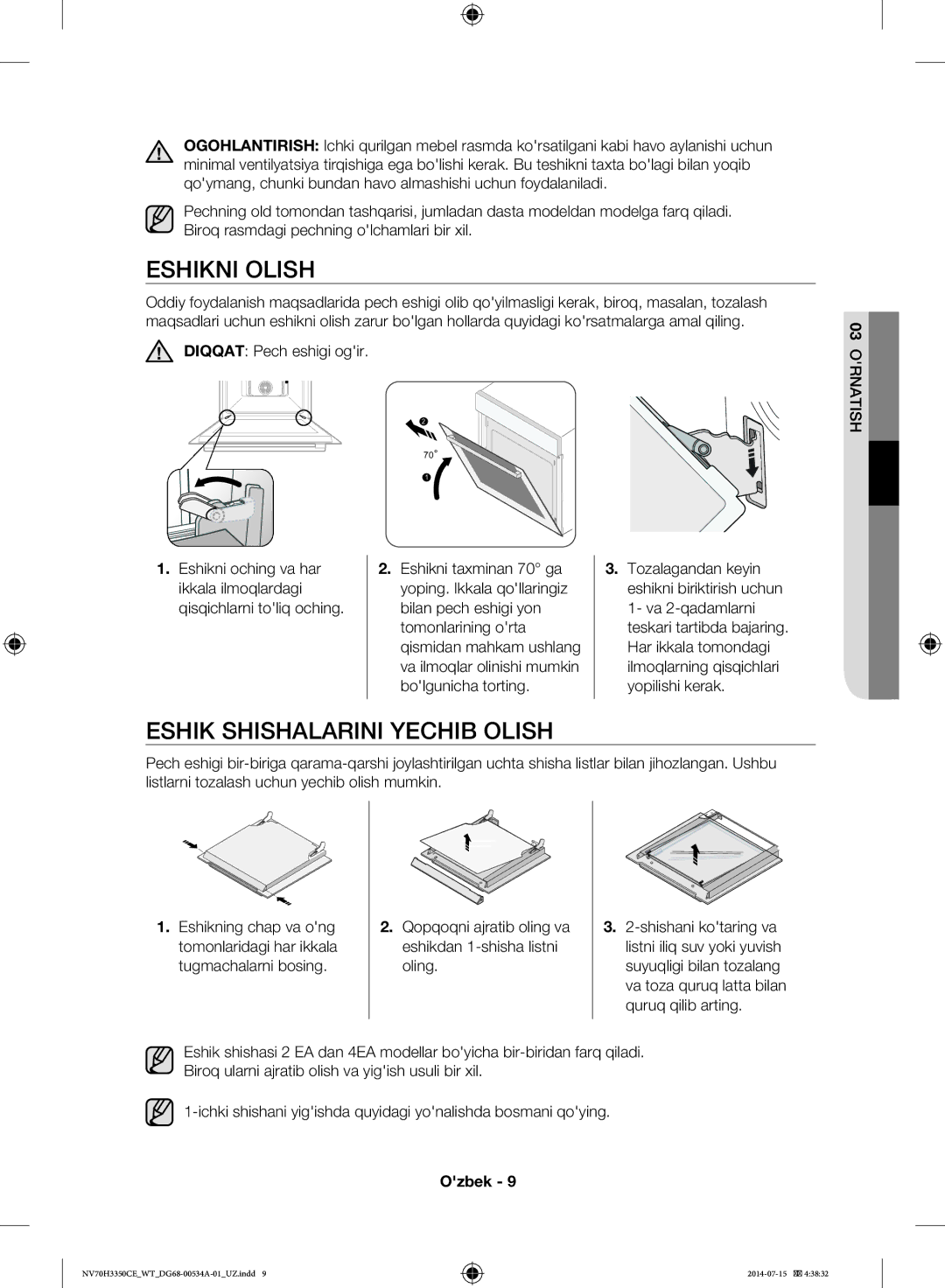 Samsung NV70H3350CB/WT, NV70H3350CE/WT manual Eshikni Olish, Eshik Shishalarini Yechib Olish, Diqqat Pech eshigi ogir 