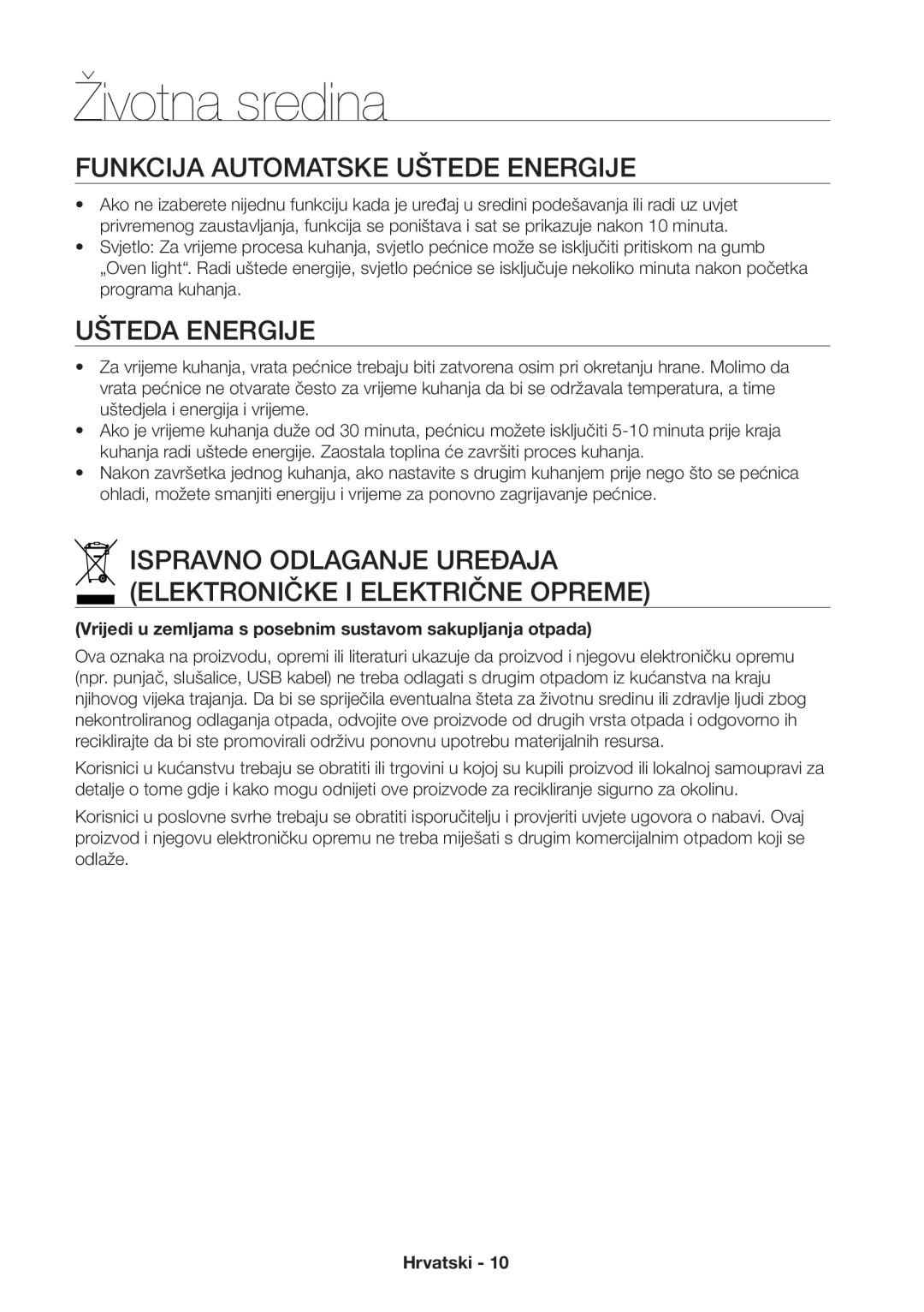 Samsung NV70H3350RS/EO manual Životna sredina, Funkcija Automatske Uštede Energije, Ušteda Energije 