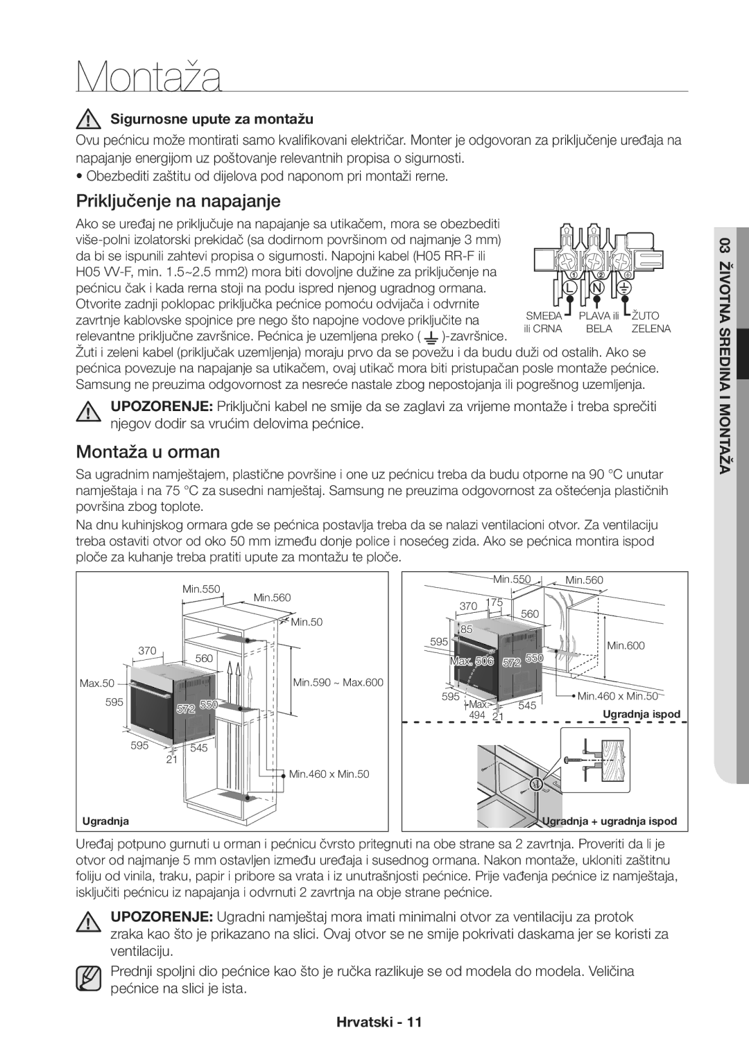 Samsung NV70H3350RS/EO manual Sigurnosne upute za montažu, 03 Životna Sredina I Montaža 