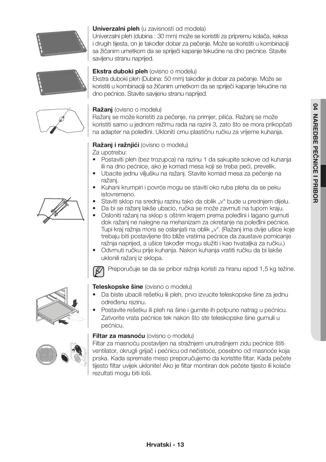 Samsung NV70H3350RS/EO Ekstra duboki pleh ovisno o modelu, Ražanj i ražnjići ovisno o modelu, Naredbe Pečnice I Pribor 