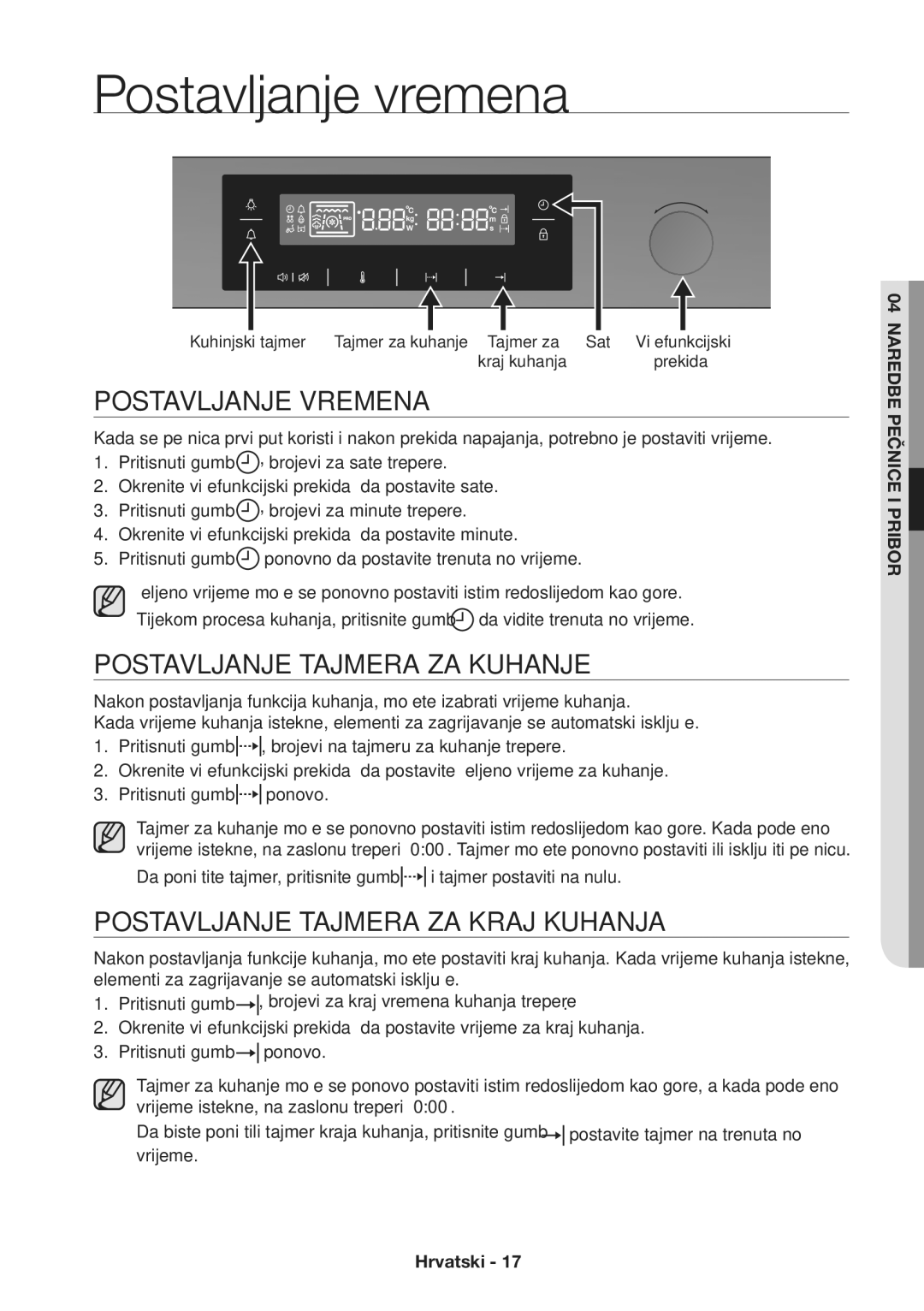 Samsung NV70H3350RS/EO manual Postavljanje vremena, Postavljanje Vremena, Postavljanje Tajmera ZA Kuhanje 