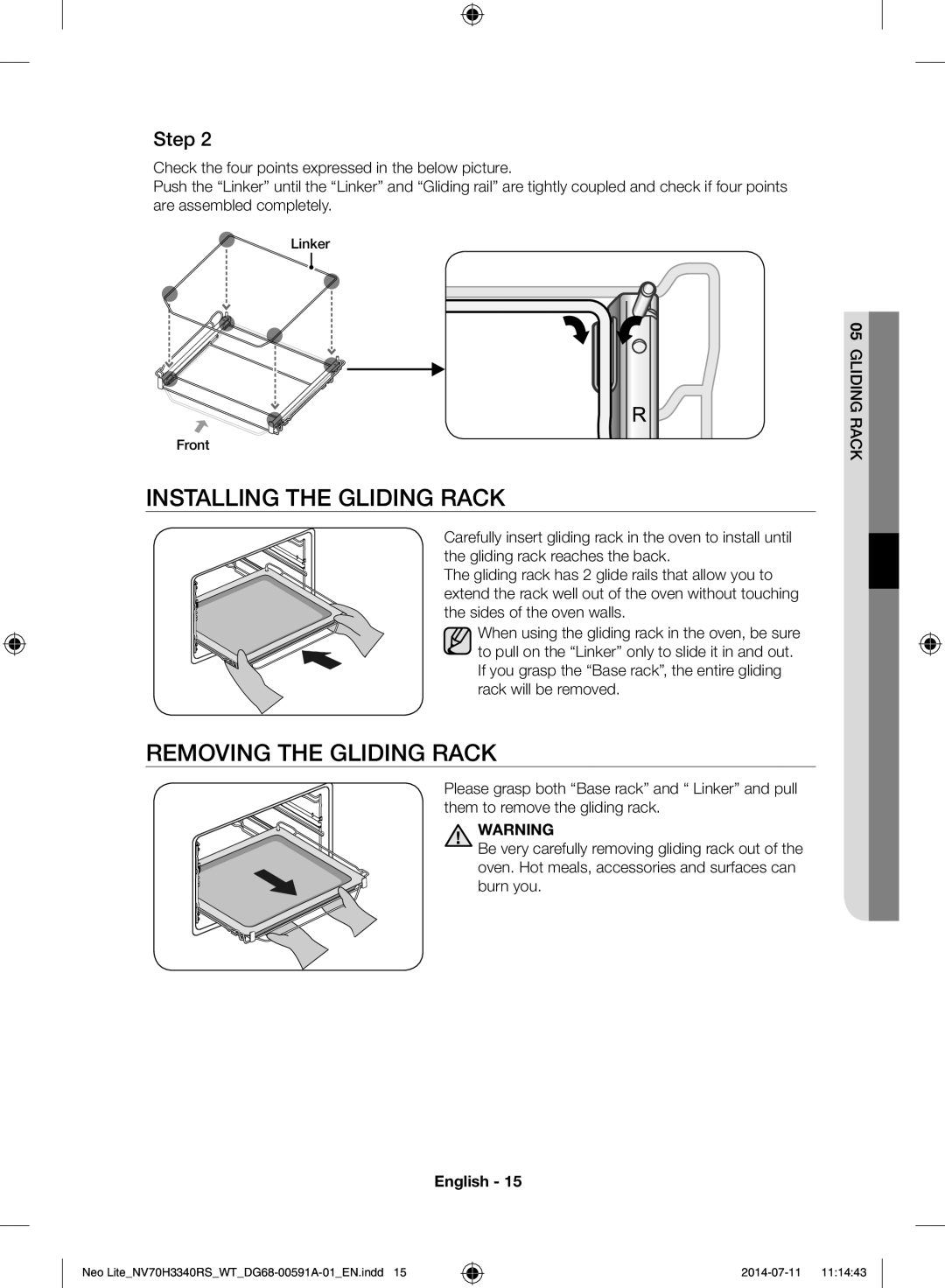 Samsung NV70H3350RS/WT manual Installing the Gliding Rack, Removing the Gliding Rack 