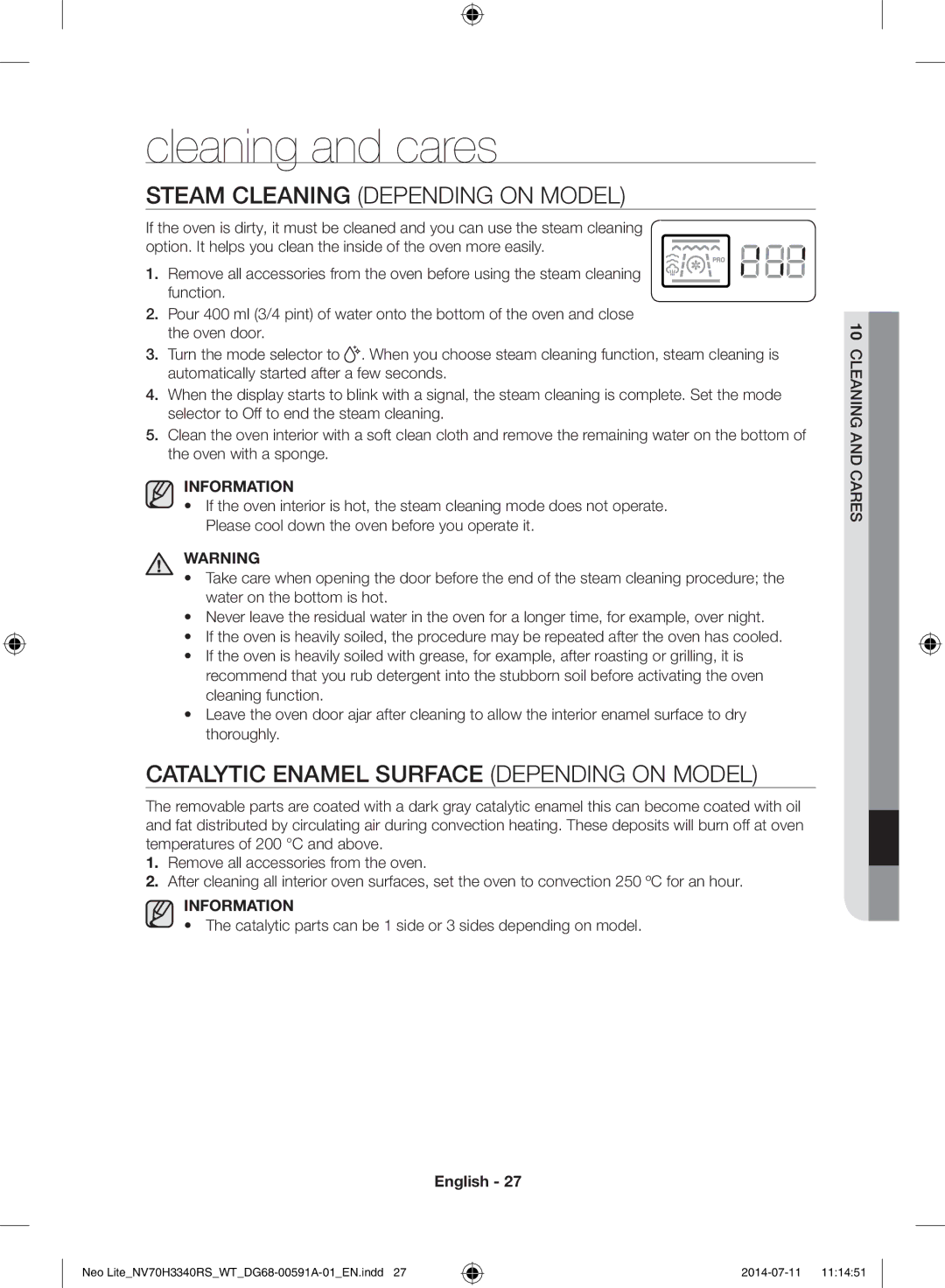 Samsung NV70H3350RS/WT Cleaning and cares, Steam Cleaning Depending on Model, Catalytic Enamel Surface Depending on Model 